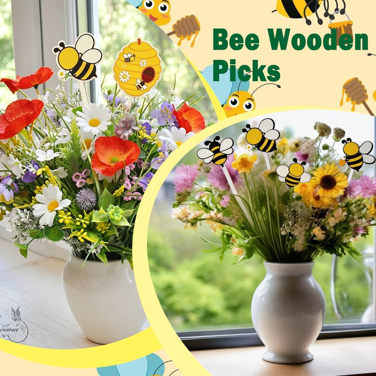 14PCS Bee Wooden Picks Vase Filler Cute Honeybee Decorative Pick Bumblebee Stems Nectar Floral Pick for Spring Summer Theme Party Honeybee Theme Tabletop Home and Farmhouse Decoration