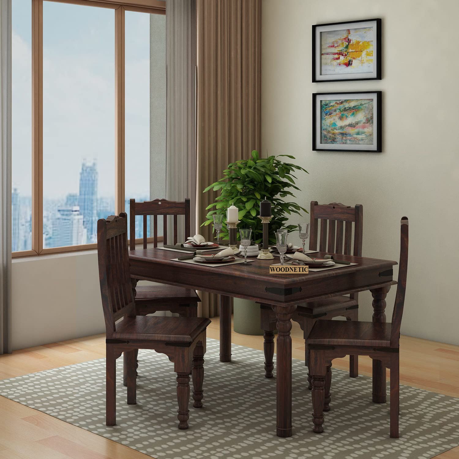 WOODNETIC Elegant Sheesham Wood 4 Seater Dining Table Set with Chairs | Walnut Finish | Solid Wood Furniture for Dining & Living Room