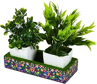 fancymart Artificial Plant Leaves Set of 2 Potted Plant in Small Wooden Planter Tray | Perfect Home Decor Item, Height 15cm x Width 16cm