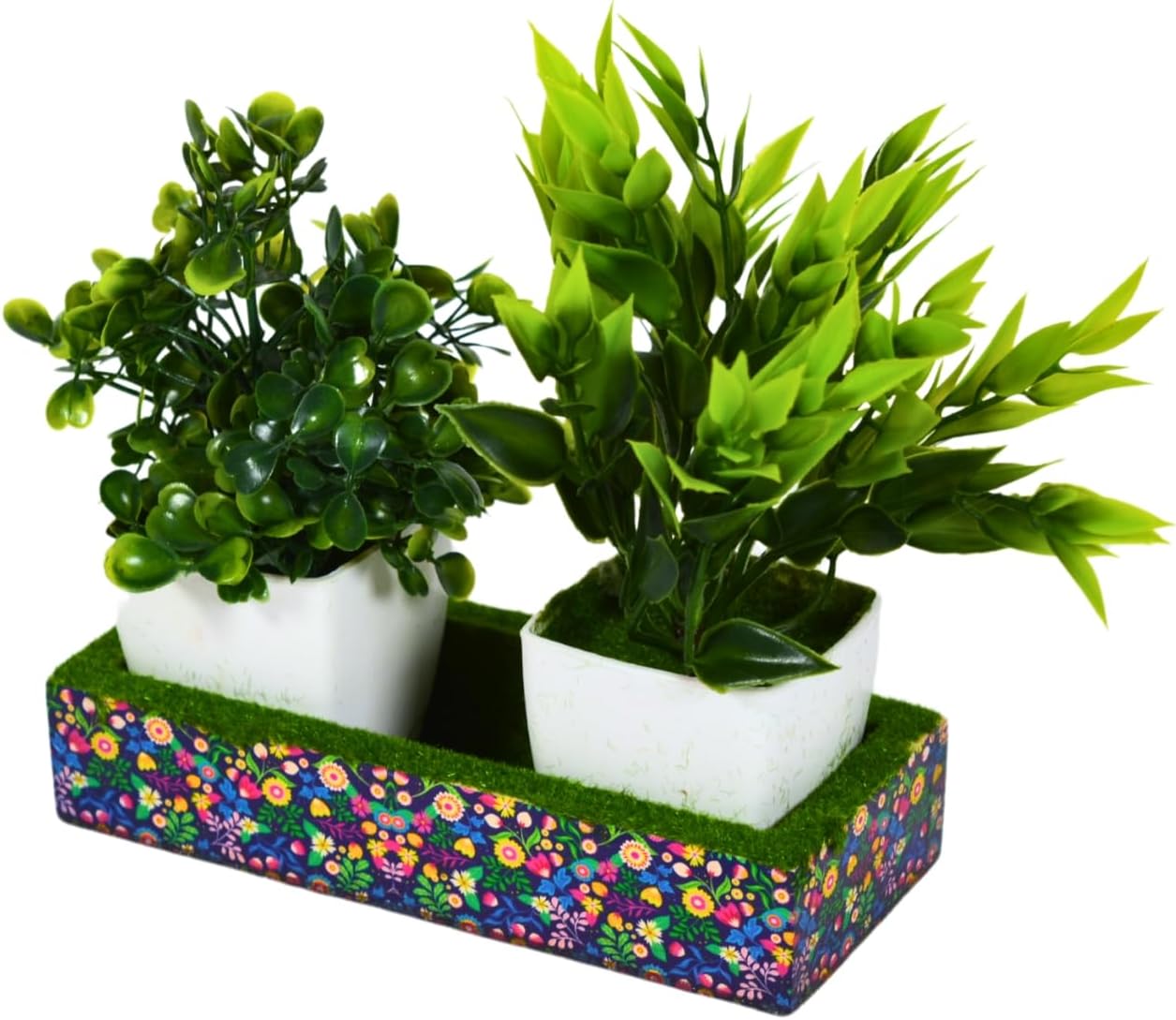 fancymart Artificial Plant Leaves Set of 2 Potted Plant in Small Wooden Planter Tray | Perfect Home Decor Item, Height 15cm x Width 16cm