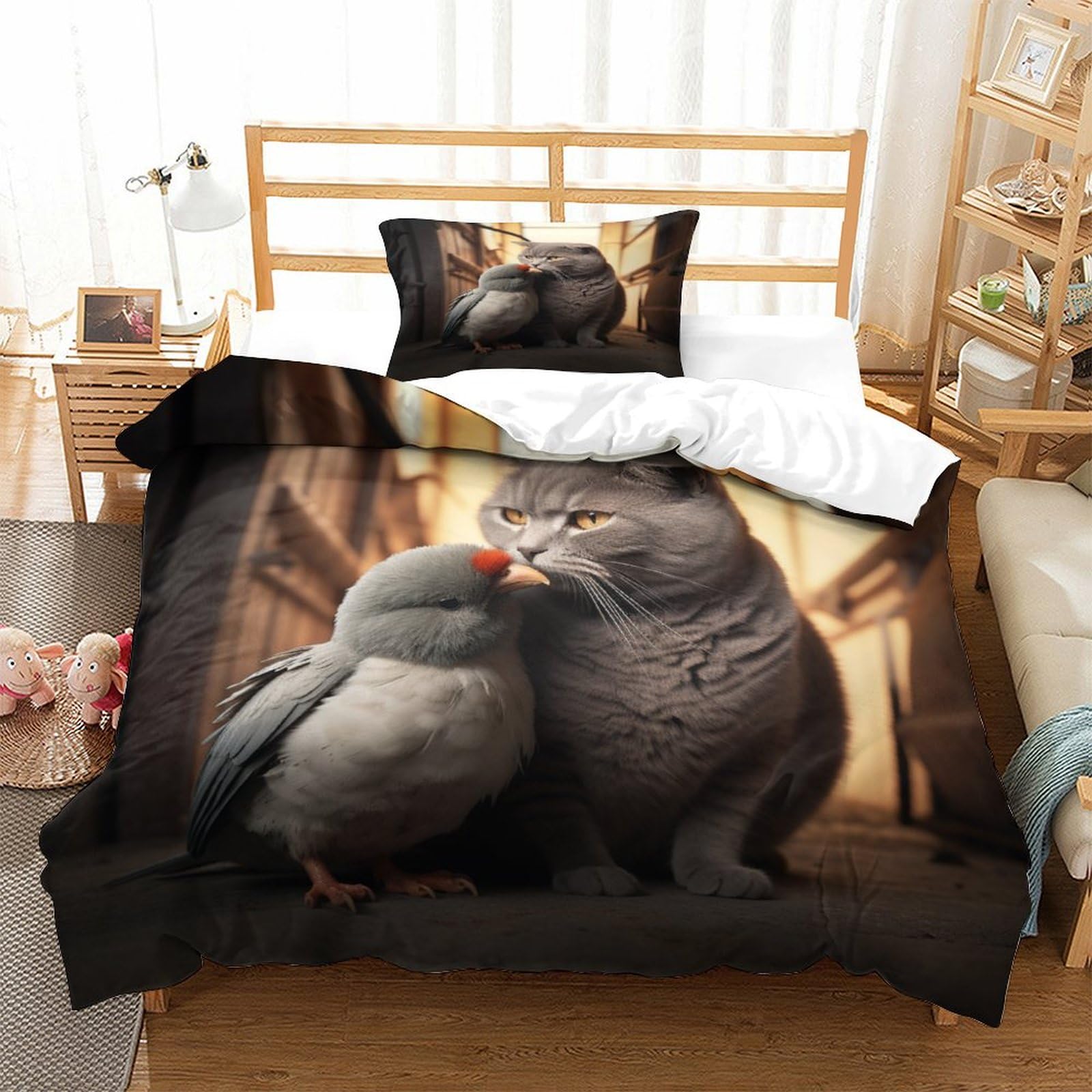 P1S9U7W5Y Charming Animal Couple 3D Printed Duvet Cover Set 3 Pieces Microfiber Bedding for Adults Bedroom Decor Pigeon Cat Bed Set Single（135x200cm）