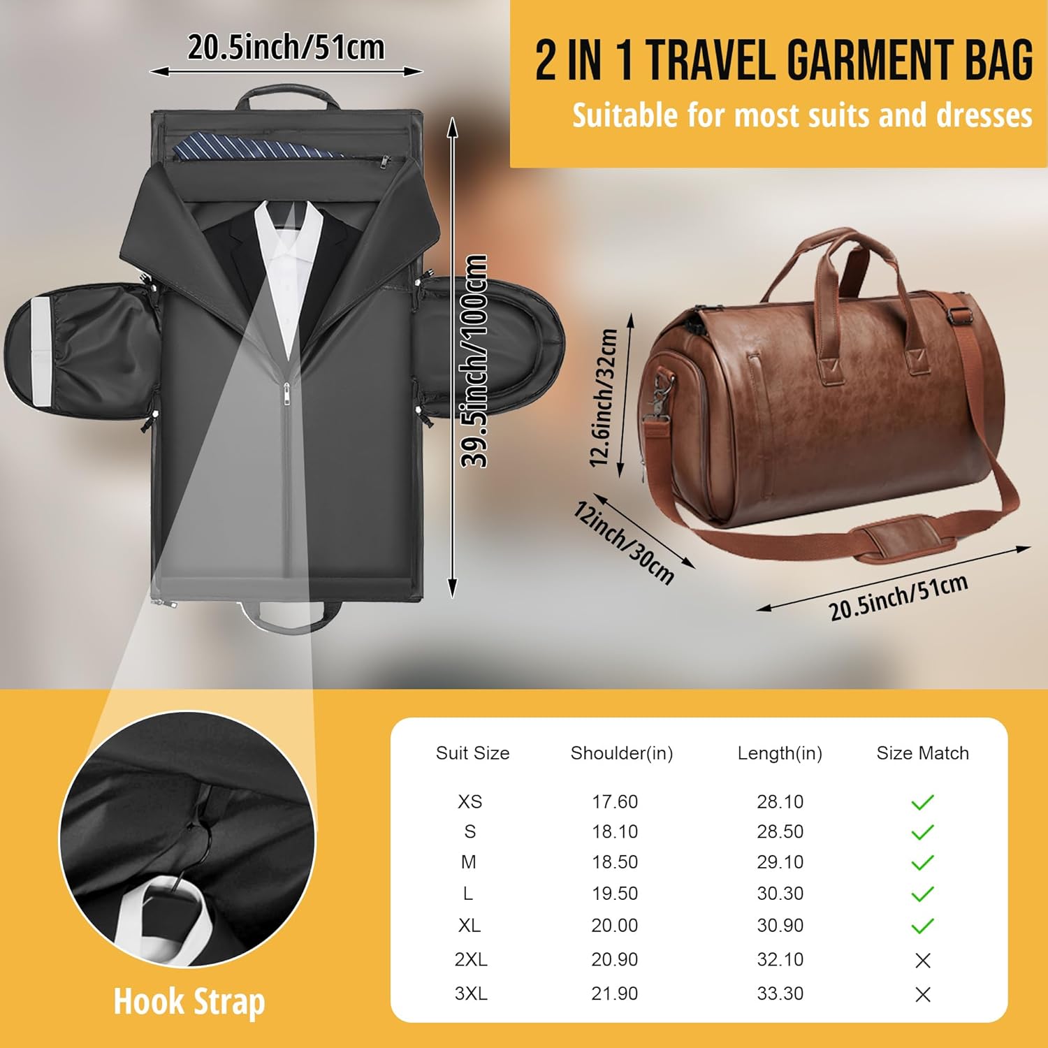 Convertible Garment Bag, Carry on Garment Duffel Bag with Shoulder Strap, Men's Women's Travel Clothing Bag with Shoe Compartment, 2-in-1 Hanging Suitcase Suit Business Travel Bag (Brown)