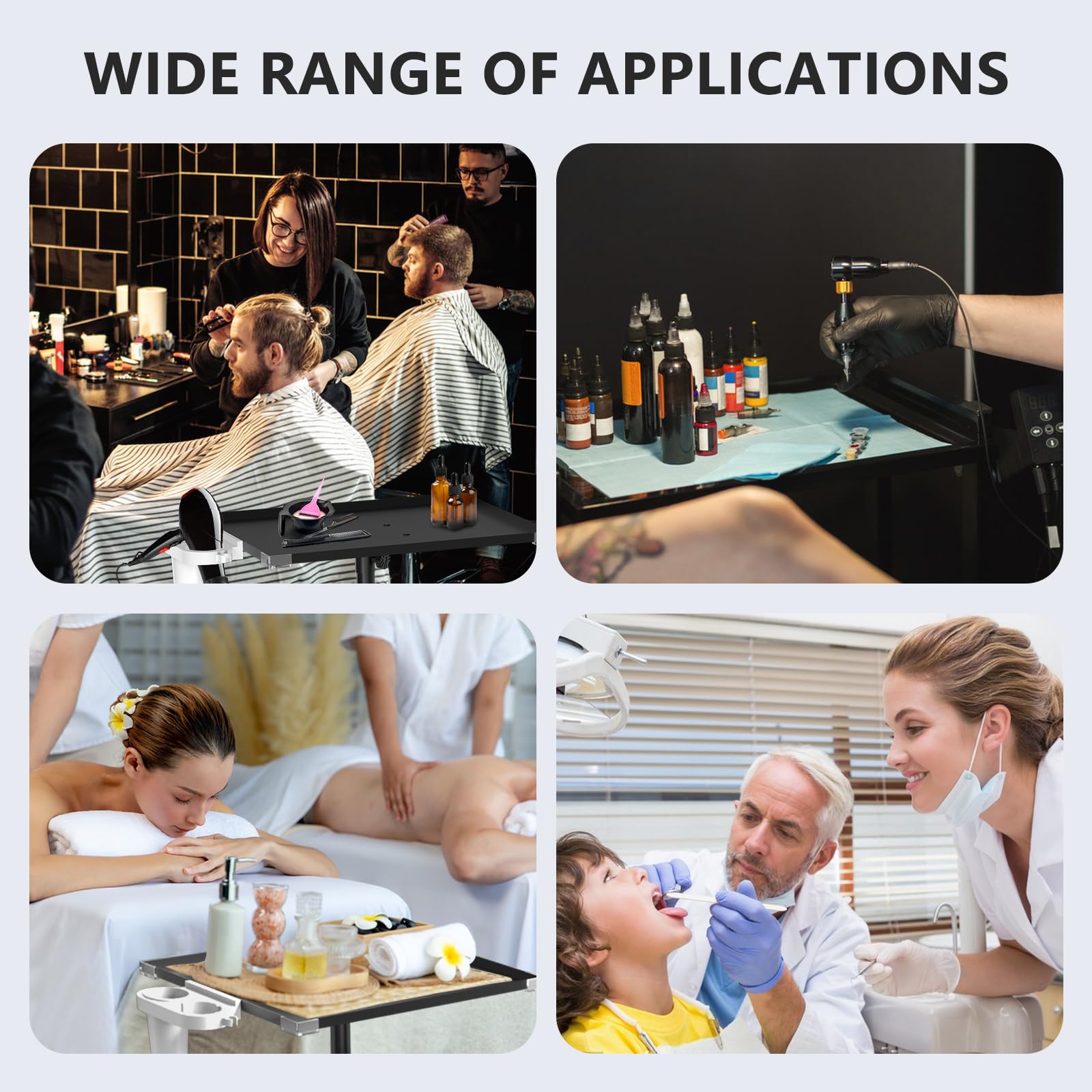 ZHOOGE Plateau de salon sur roulettes avec support, plateau de service de salon réglable en hauteur avec roue universelle silencieuse à 360 degrés pour travaux de tatouage, spa et plateau dentaire