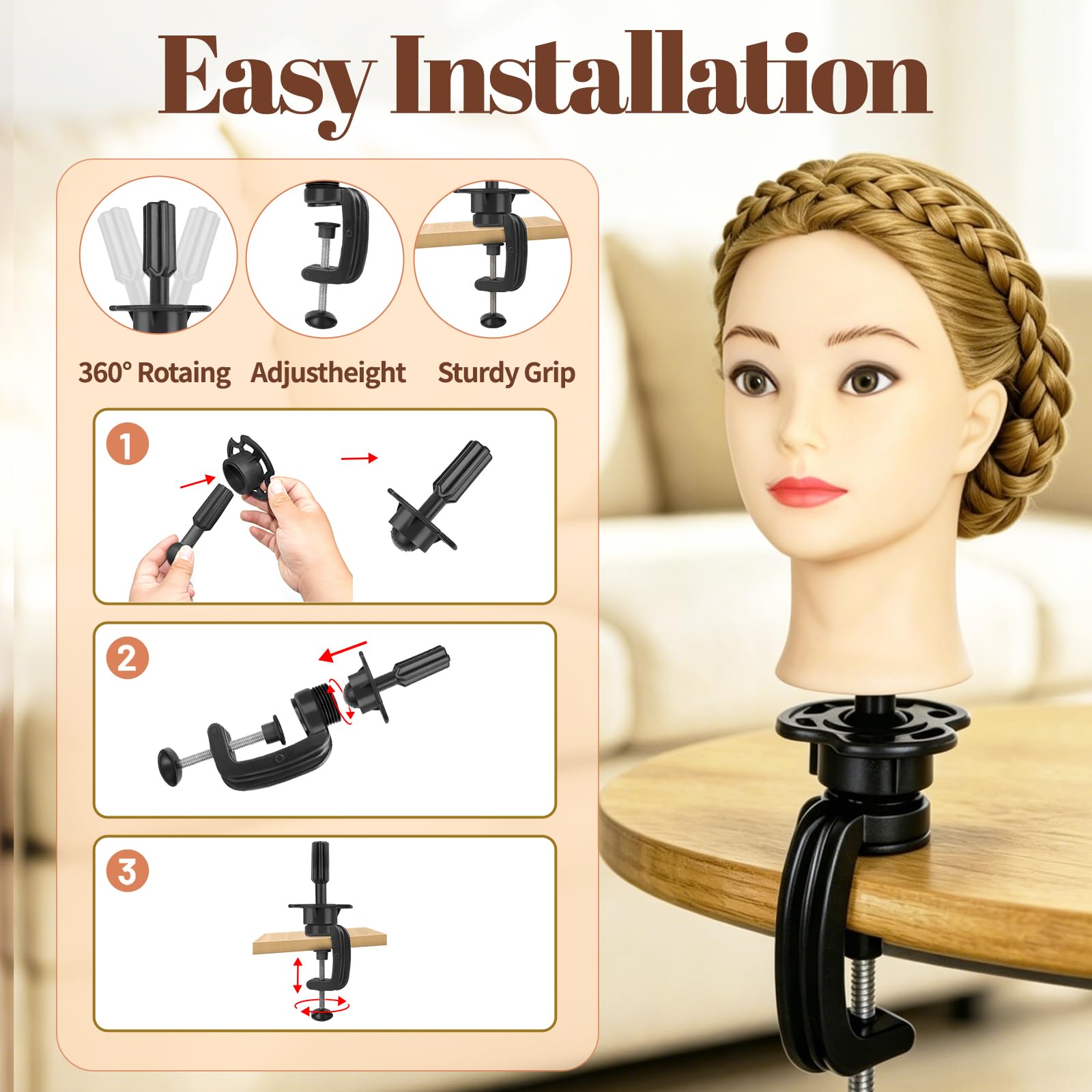 Yofuly 28-29Zoll / 71–74cm Frisierkopf mit Ohrlöchern, 100% Kunsthaar, Übungskopf Frisieren Trainingsköpfe Puppenkopf Friseur Mannequin Kopf mit Tischklemme + DIY-Zopfset (Blond)