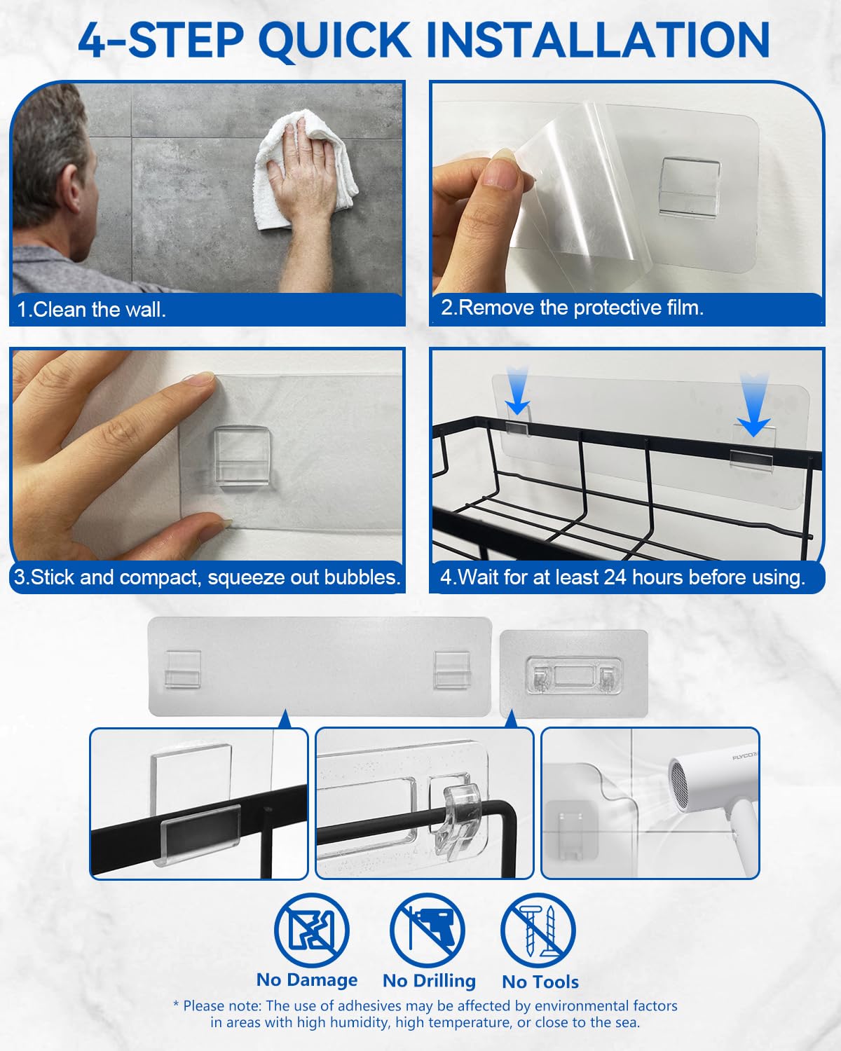 AceMining Estanteria Baño, 4 Pack Negro Organizador Pared, Estanteria Baño Ssin taladro Adhesivo, Estante Ducha Almacenaje con Gancho, Organizador Repisas