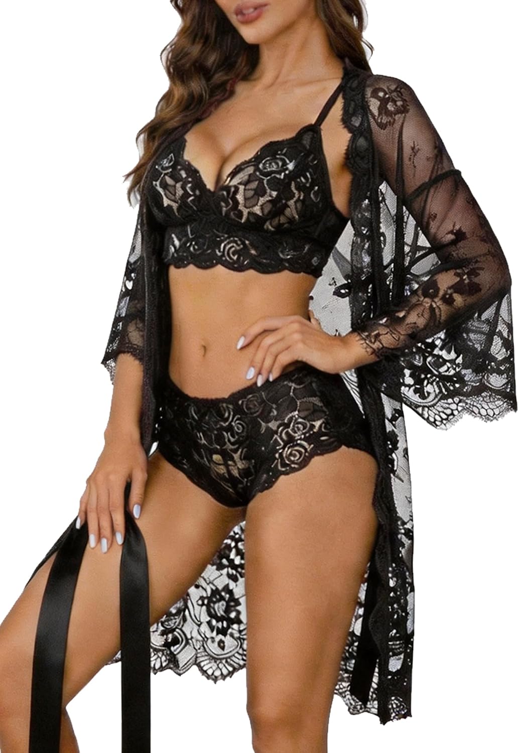 Women Lingerie Set 3 Piece Bobydoll With Kimono Robe Sleepwear Nightgown