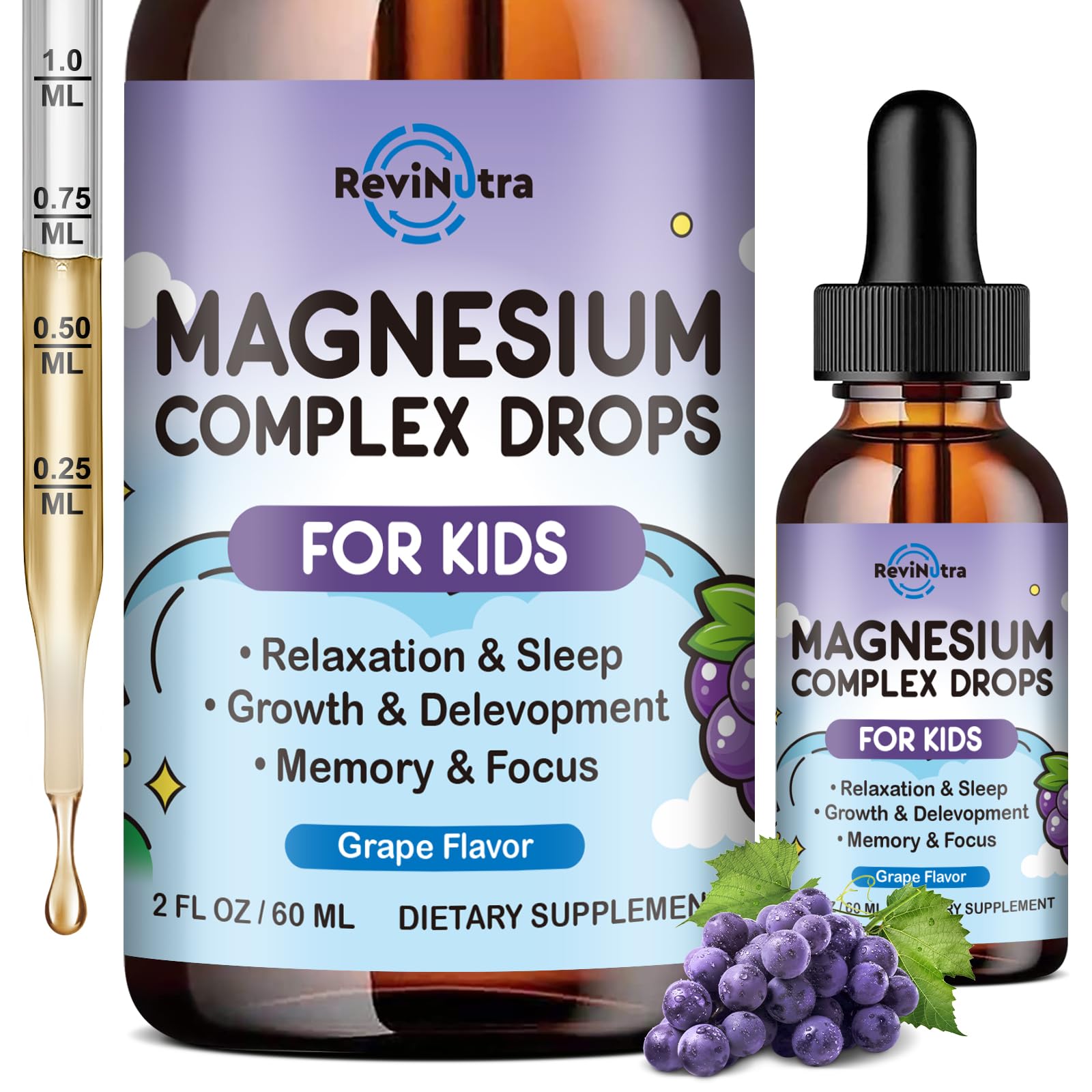 Magnesium Glycinate Liquid for Kids, Kids Magnesium Liquid Drops Supplement with L-Theanine, Calcium, Zinc, Vitamin D3 K2 for Sleep Calm Relaxation Brain Bones Focus, Grape Flavor 2 Fl Oz Grape 2 Fl Oz (Pack of 1)