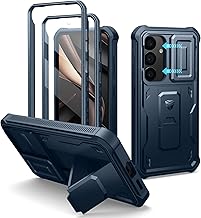 Dexnor Kompatibel mit Samsung Galaxy S25 Hülle mit Eingebaute Schiebekamera Abdeckung&Displayschutz&Kickstand, Schwerlast Stoßfestes Robustes Ganzkörper Stoßfänger Handyhülle - Marineblau