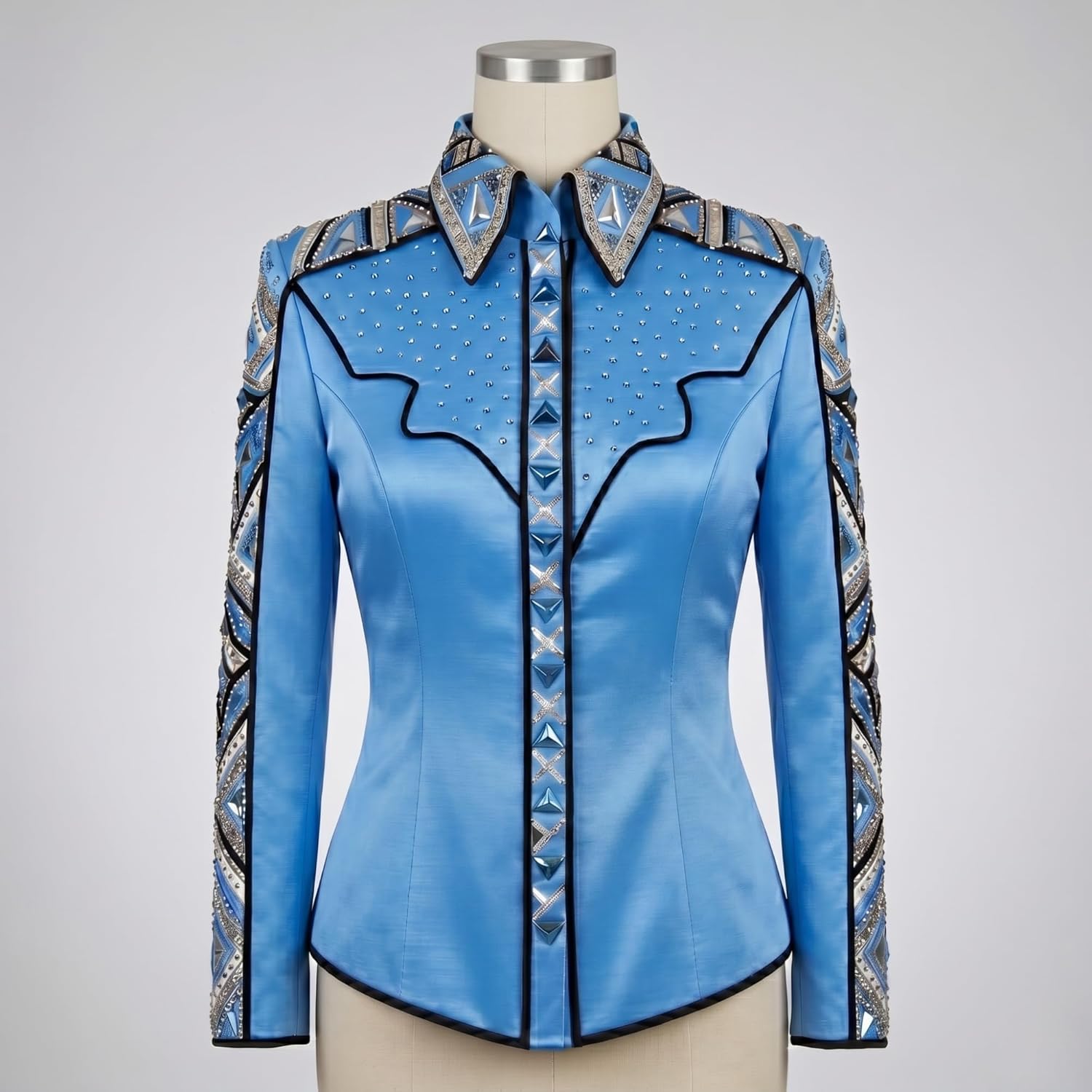 Women’s Western Show Jacket Blue – Equestrian Riding Coat with Stud Detail & Geometric Trim