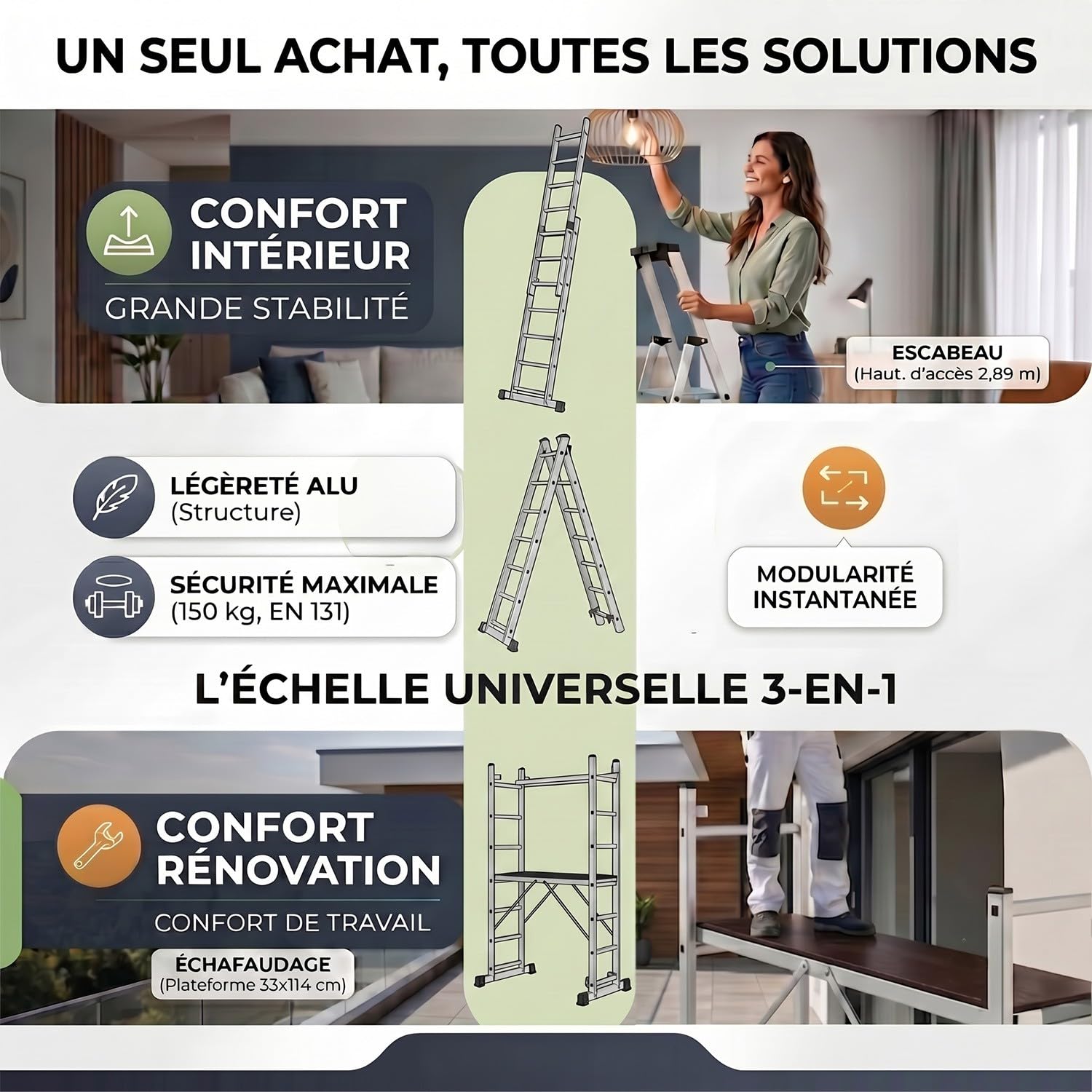 High Échelle 2 Plans Aluminium 3-en-1 escabeau échafaudage 7 marches