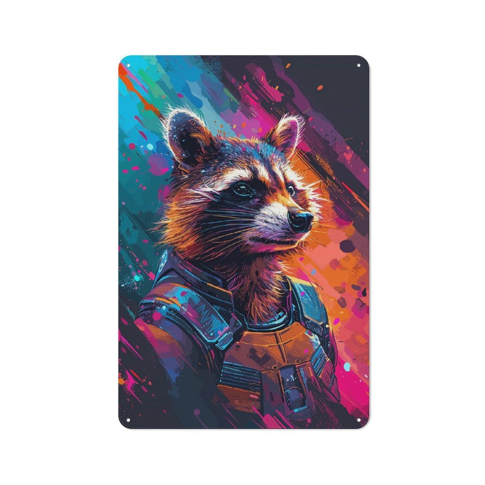 Junmoney Style-21 Racoon Astronaut Space Decorative Metal Plaque 30X20cm, Loft Style Urban Room Decor For Flat, Bar, Studio Or Gallery Wall