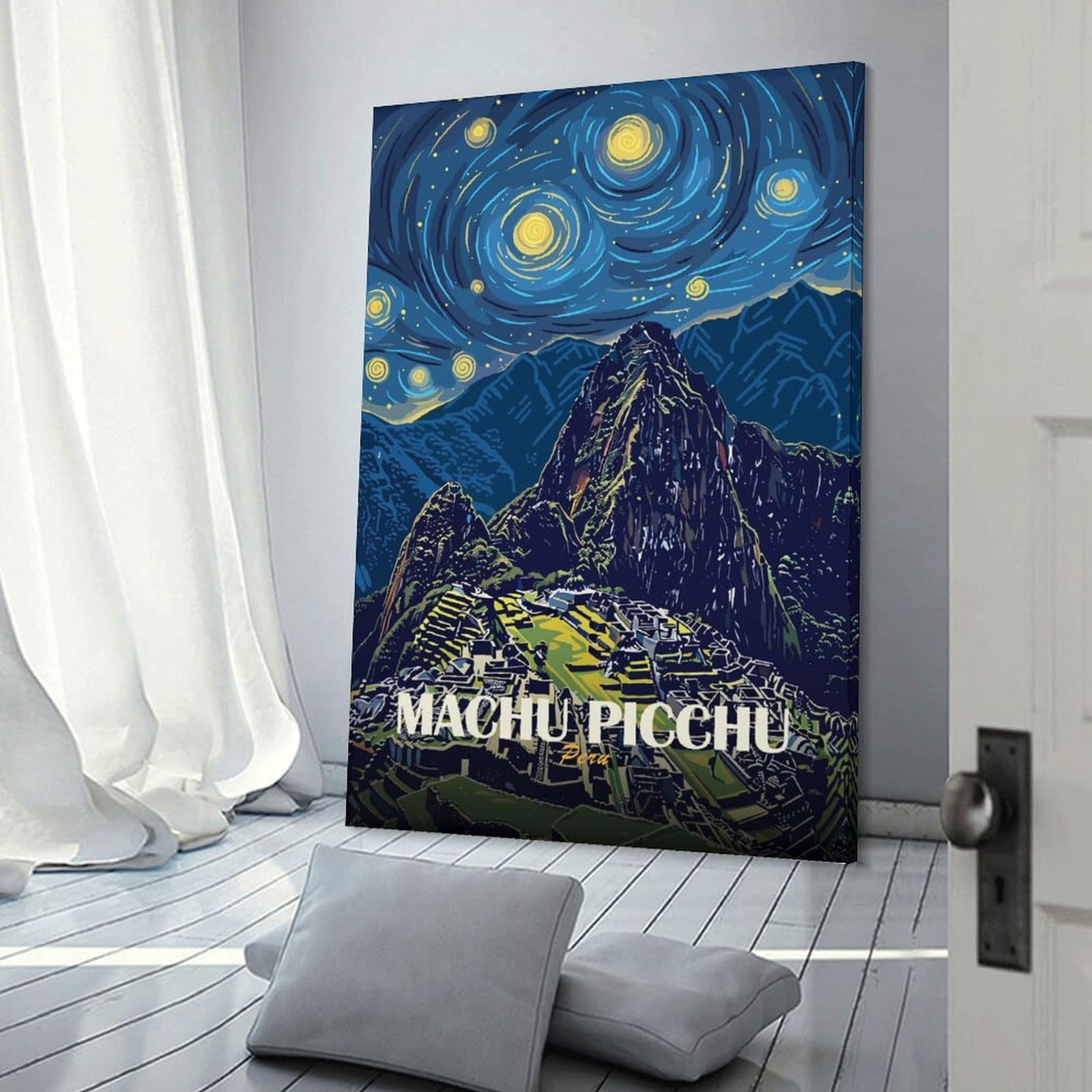 Junmoney Machu Picchu, Peru, Starry Night Style Decorative Canvas Print 24x36inch(60x90cm), for Corridors, Hallways Or Apartment Entries, Decorative Wall Art for Narrow Spaces