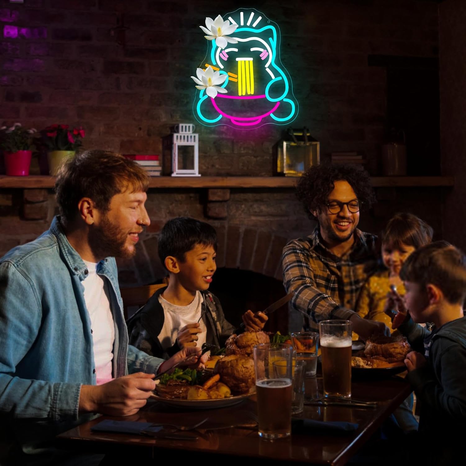 Ramen Cat Neon Sign for Wall Decor Dimmable Cat Ramen Neon Light for Man Cave Noodle LED Light Up Sign For Restaurant Home Bar Kitchen Dinning Room Safe Birthday Gifts Size 13.7 * 12.1In(P339) - Image 5