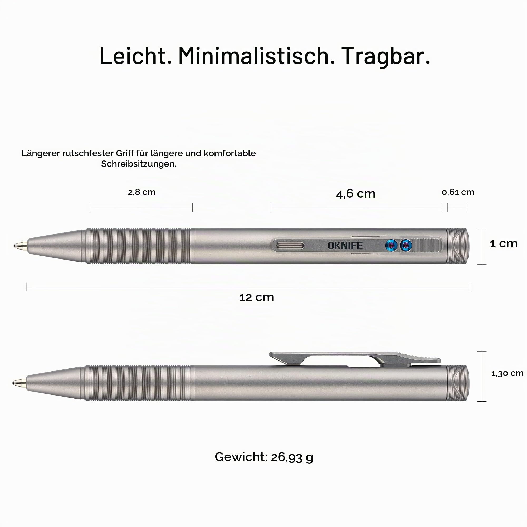 OKNIFE B1 Ti Titan EDC Kugelschreiber mit Clip 2 Minen Büro Arbeit | Leichter Titan Stift mit praktischem Betätigungsmechanismus, 2 Minen für Büro und Arbeit,Taschenkugelschreiber
