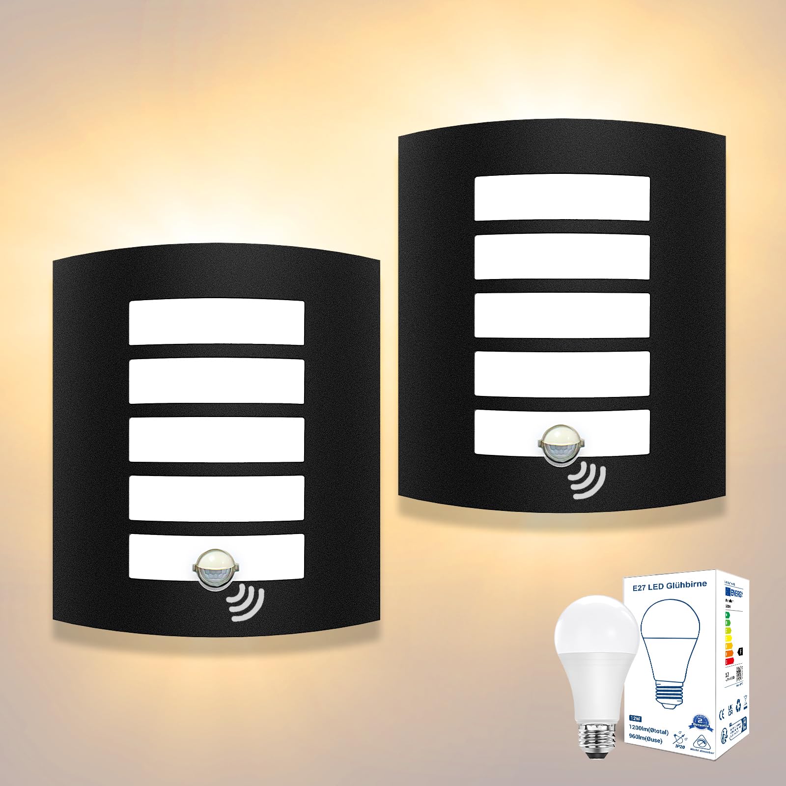 2er Set Außenwandleuchte mit Bewegungsmelder E27 Wandlampe IP44 | Integrierter Bewegungsmelder, IP44, inkl. 2x 12W E27 LED, 1200lm 3000K Warmweiß, Schwarz Matt, für Eingang und Hauswand