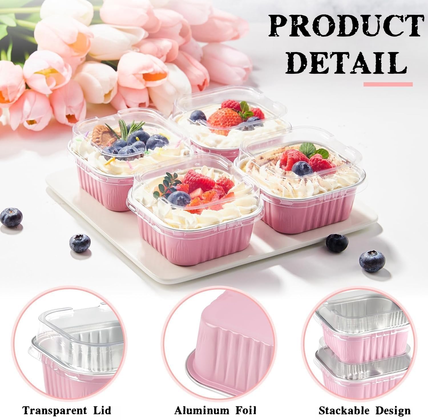 Set Da 60 Mini Pirottini Da Forno In Alluminio Rosa Con Coperchio E Cucchiai - 150 Ml, Riutilizzabili E Resistenti Al Calore - Per Dessert, Pane, Feste E Picnic
