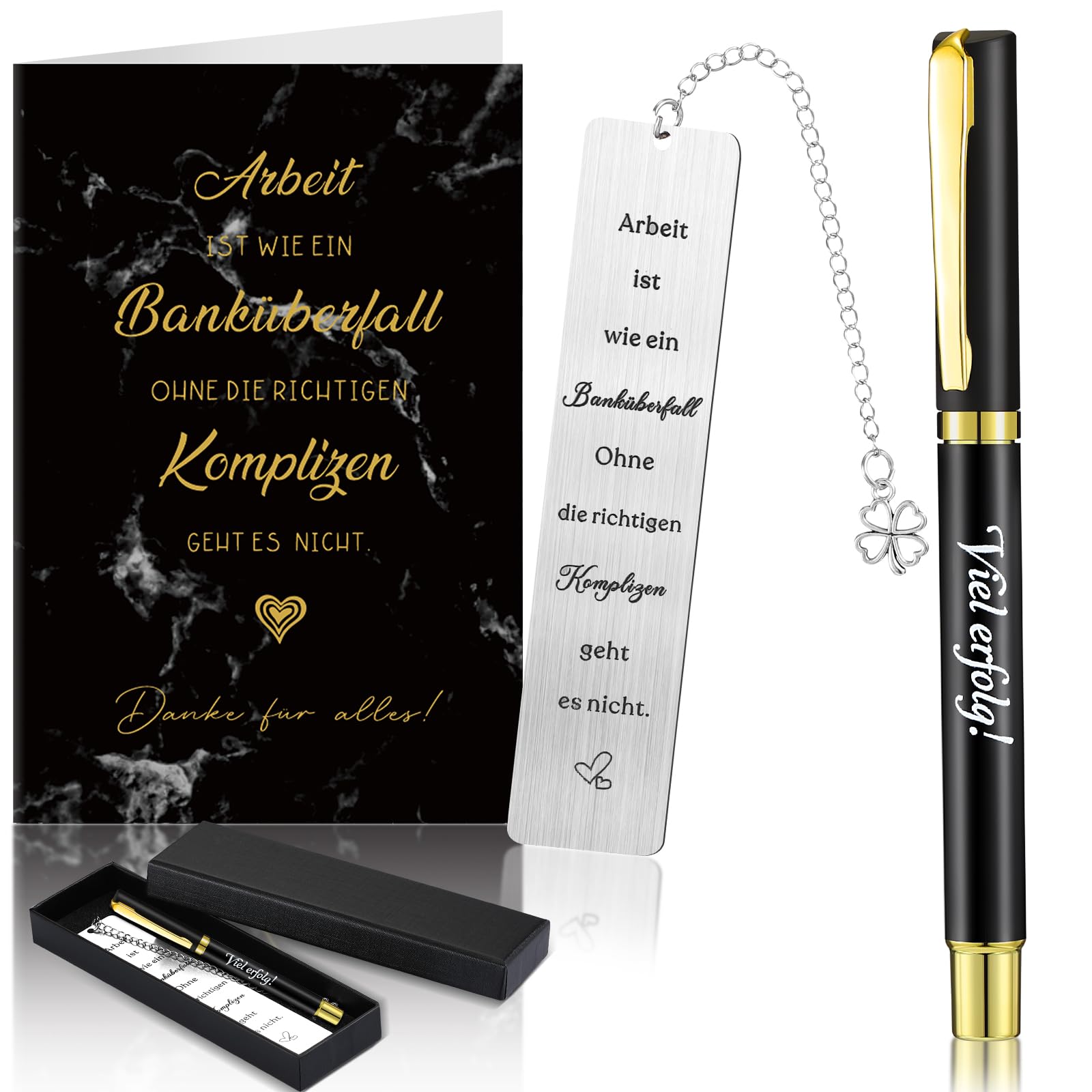 Dianelhall Inspirational Gift Set Bookmark with Engraving and Four Leaf Clover Pendant Metal Ballpoint Pen Motivational Card Gift Box for Colleagues Farewell Nurse