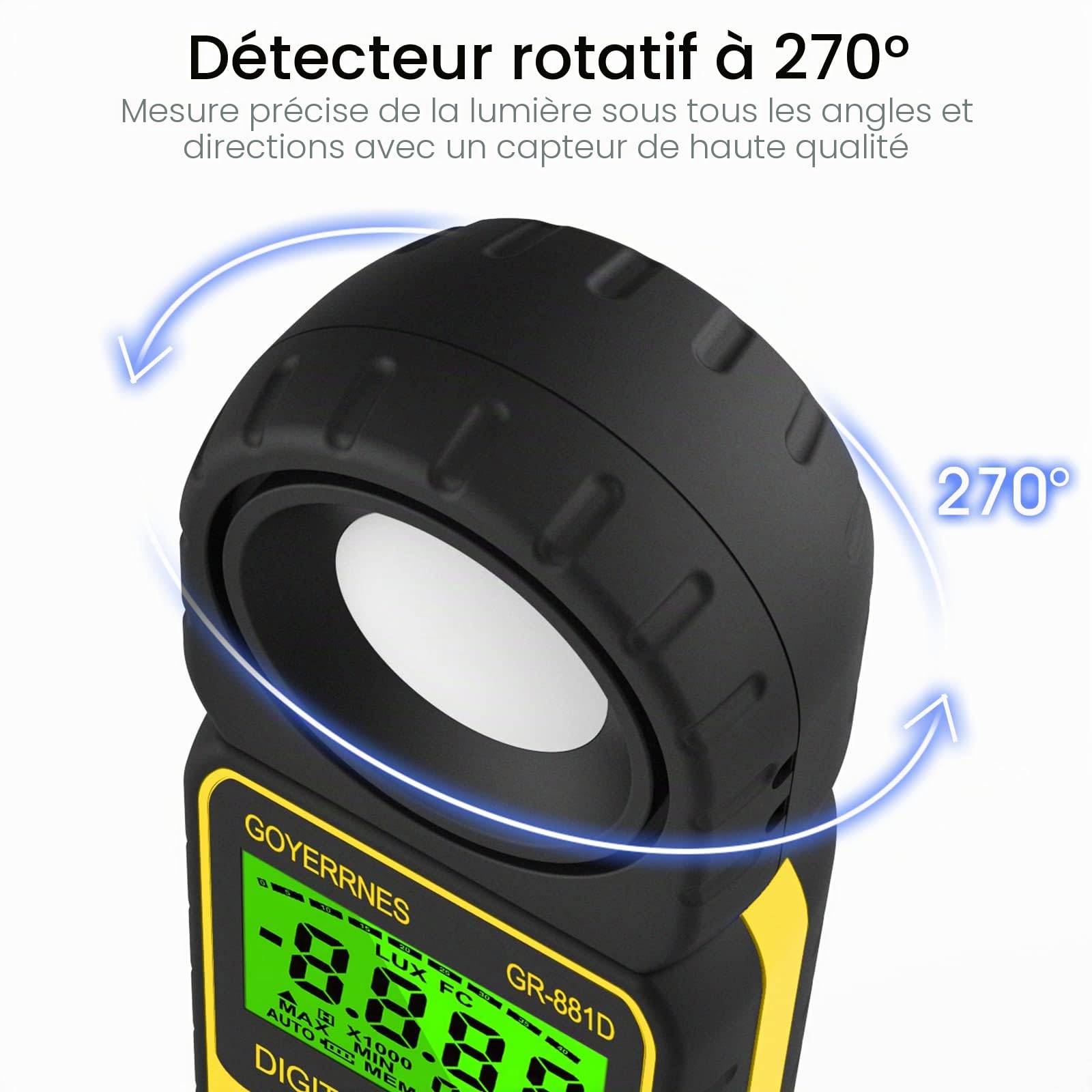 Luxmètre 0~400,000 Lux Photomètre numérique GR-881D Luxmètre portatif avec Mesure de la luminosité de l'intensité de la température ambiante avec Maintien des données Max/Min.