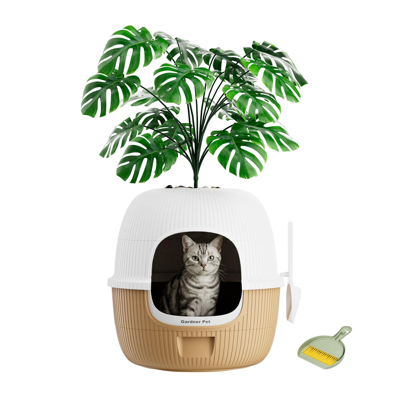 Gardner Pet Lettiera per Gatti Nascosta, Marrone Chiaro, 49X49X50Cm | Con Pianta Artificiale, Ciottoli e Pala Inclusi, Stile Vaso con Cassetto, Filtro a Carbone, Design Impermeabile
