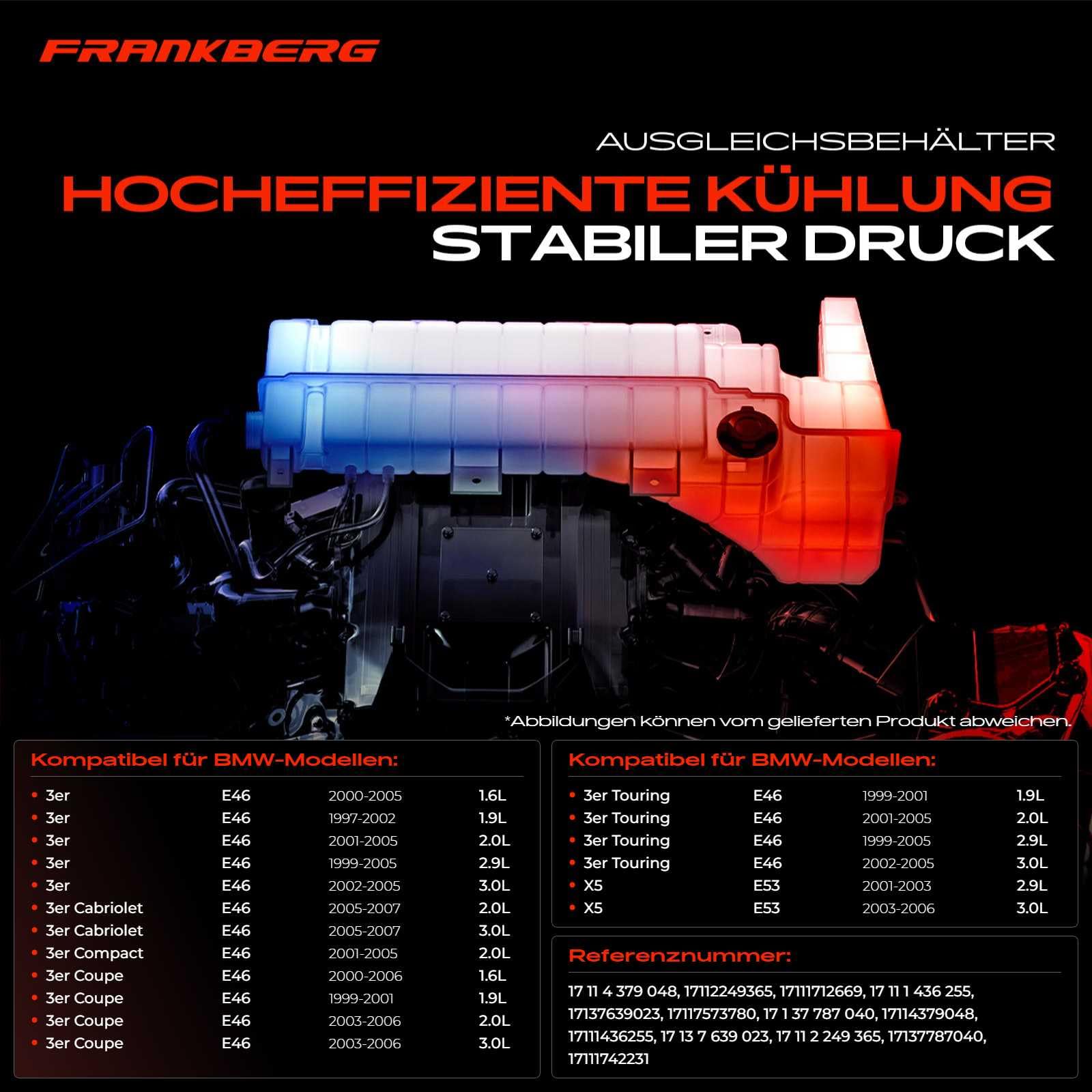 Frankberg Ausgleichsbehälter Kühlmittel Mit Sensor & Deckel Kompatibel mit 3er E46 316 318 320 330 X5 E53 3.0d 1998-2007 17137787040