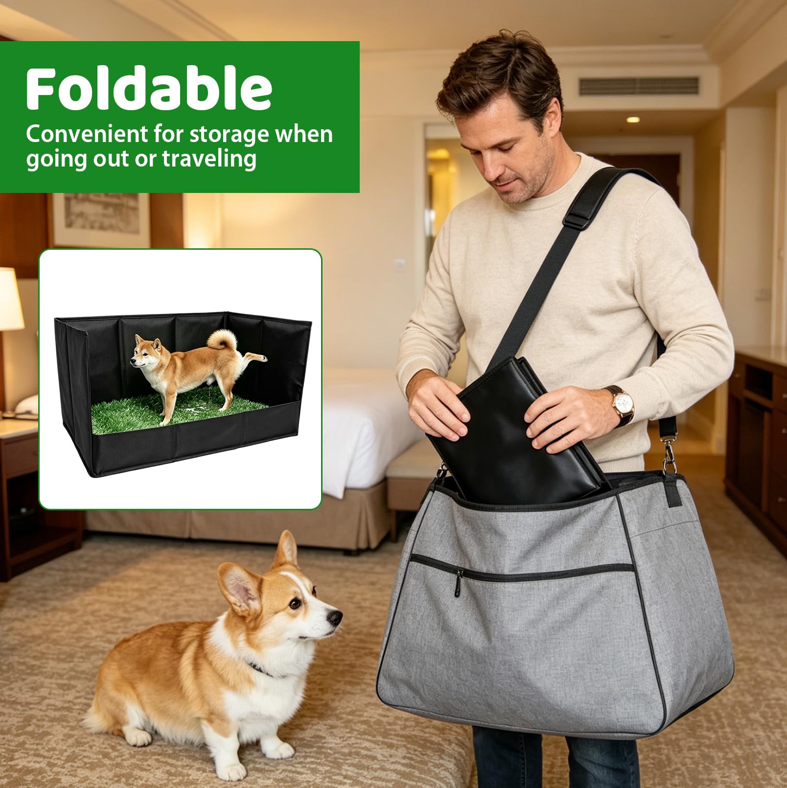 Pliable Toilette pour Chien avec Plateau en Gazon Artificiel Anti-Fuite Portable Tapis d'Entraînement Séparateur d'Urine