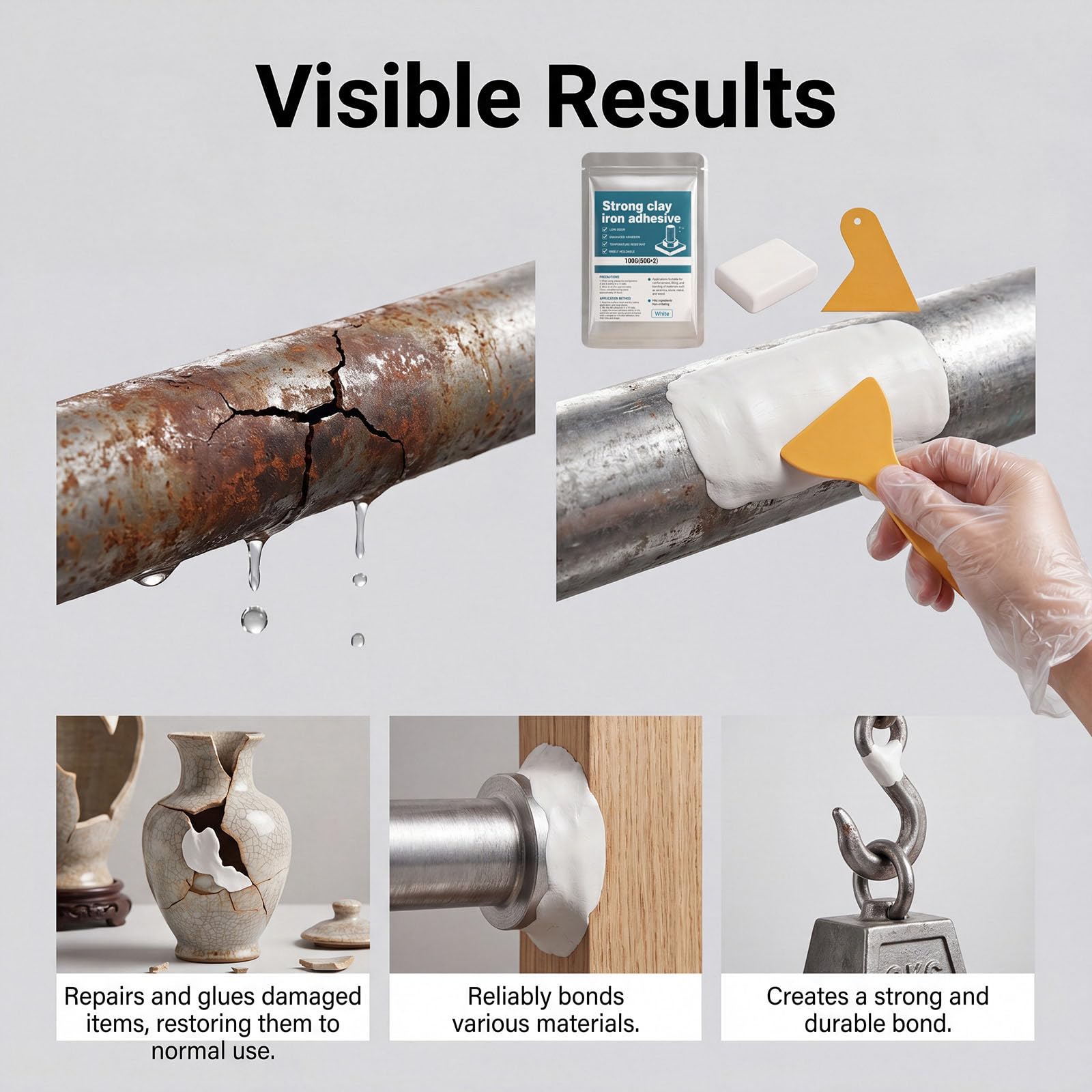 Mastic époxy renforcé d'acier, adhésif de fer à argile solide, argile de réparation polyvalente haute résistance pour coller le métal, le plastique, le bois, les carreaux de céramique (4 pièces)