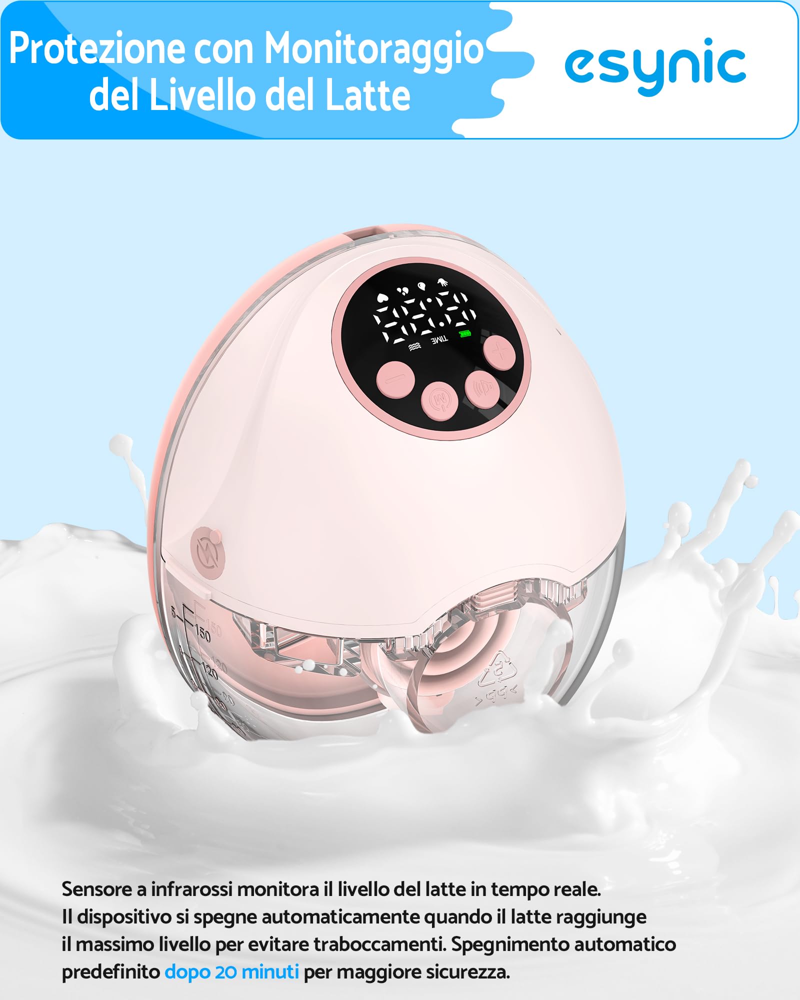 eSynic 1PZ Tiralatte Elettrico Indossabile con Monitoraggio Latte e Autospegnimento, 4 Modalità 12 Livelli, Silenzioso con Display LED, 24/21/19mm Flange, Portatile per Mamme in Movimento - 150ML Rosa