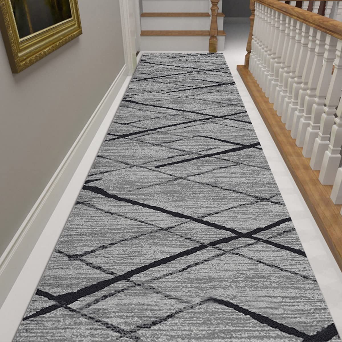 Grauer gewebter Baumwoll-Läufer, für drinnen und draußen, Flur, für Küche, Waschküche, Tür, Schlafzimmer, waschbar, 50 x 450 cm, Schwarz und Grau