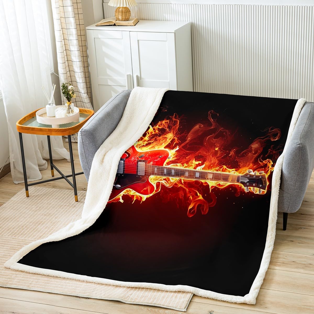 Erosebridal Electric Guitar Throw Blanket 60"x80", Musical Vintage Bed Blanket for Teens Youth, Flaming Guitar Fleece Blanket Boys Musical Instruments Fuzzy Blanket Fashion Music Crib Stroller Decor