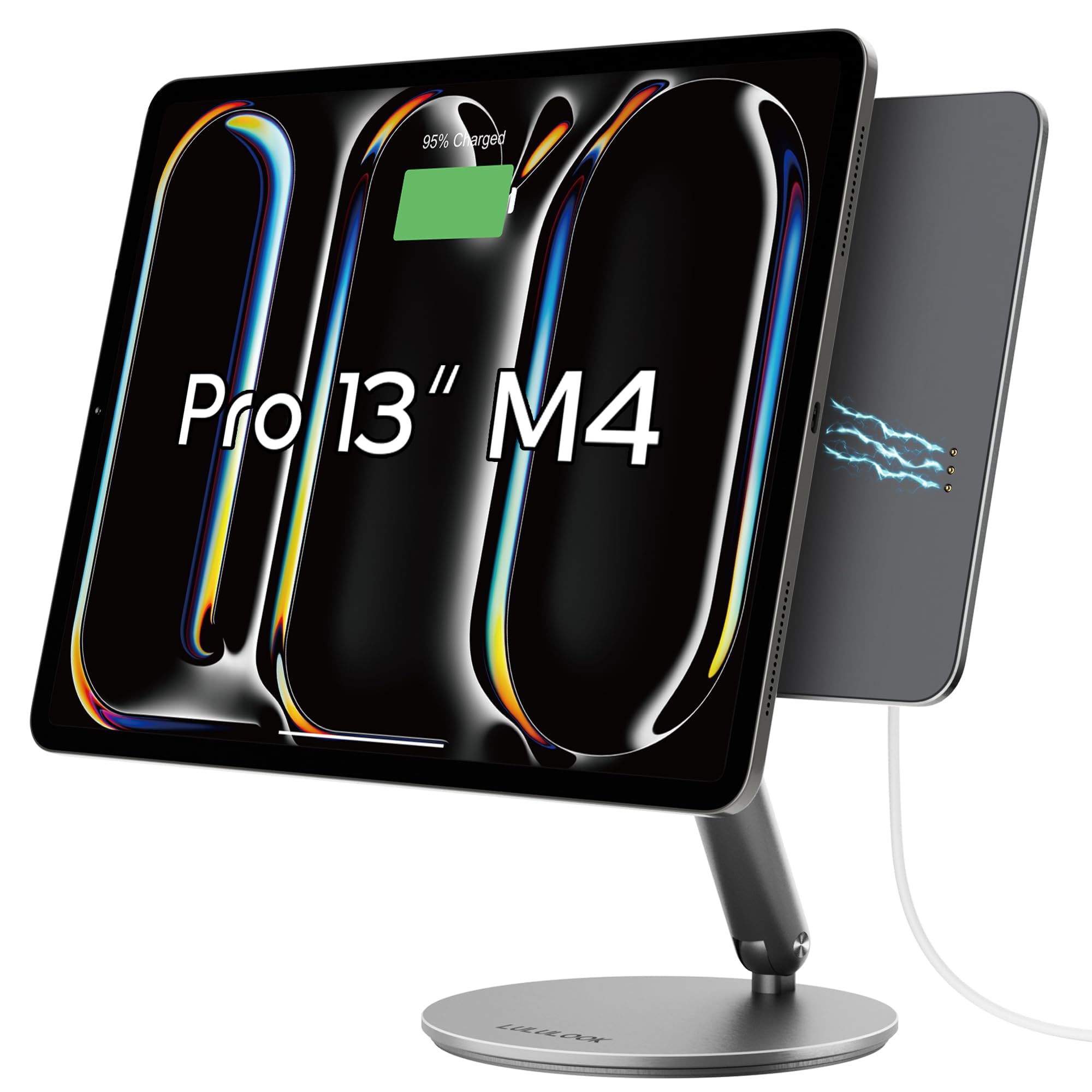 LULULOOK Magnetic Wireless Charging Stand for iPad Pro 13" M4 (2024) Only, 360° Rotating Base with Anti-Slip Pad, Aluminium Alloy Foldable iPad Pro Charging Stand with 1M Cable for Desk