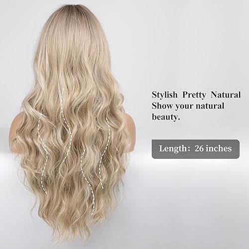 Miniatura 92 de HAIRCUBE Peluca rubia ombré, peluca larga y rizada con flequillo, aspecto natural, peluca sintética resistente al calor Rubio ceniza,Rubio