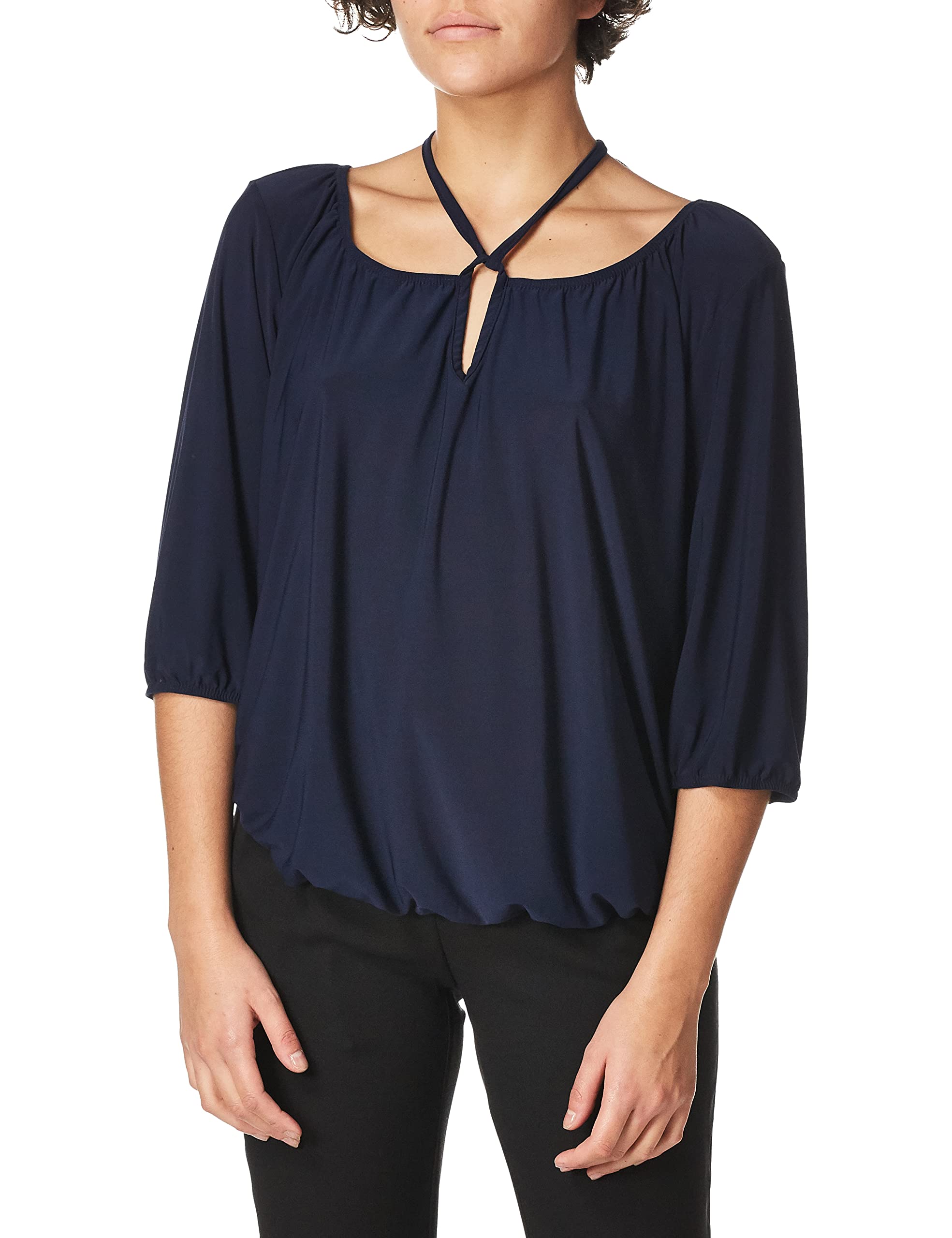 Star Vixen Women's 3/4 Sleeve Peasant Elastic-Hem Keyhole-Tie Top, Navy, XL