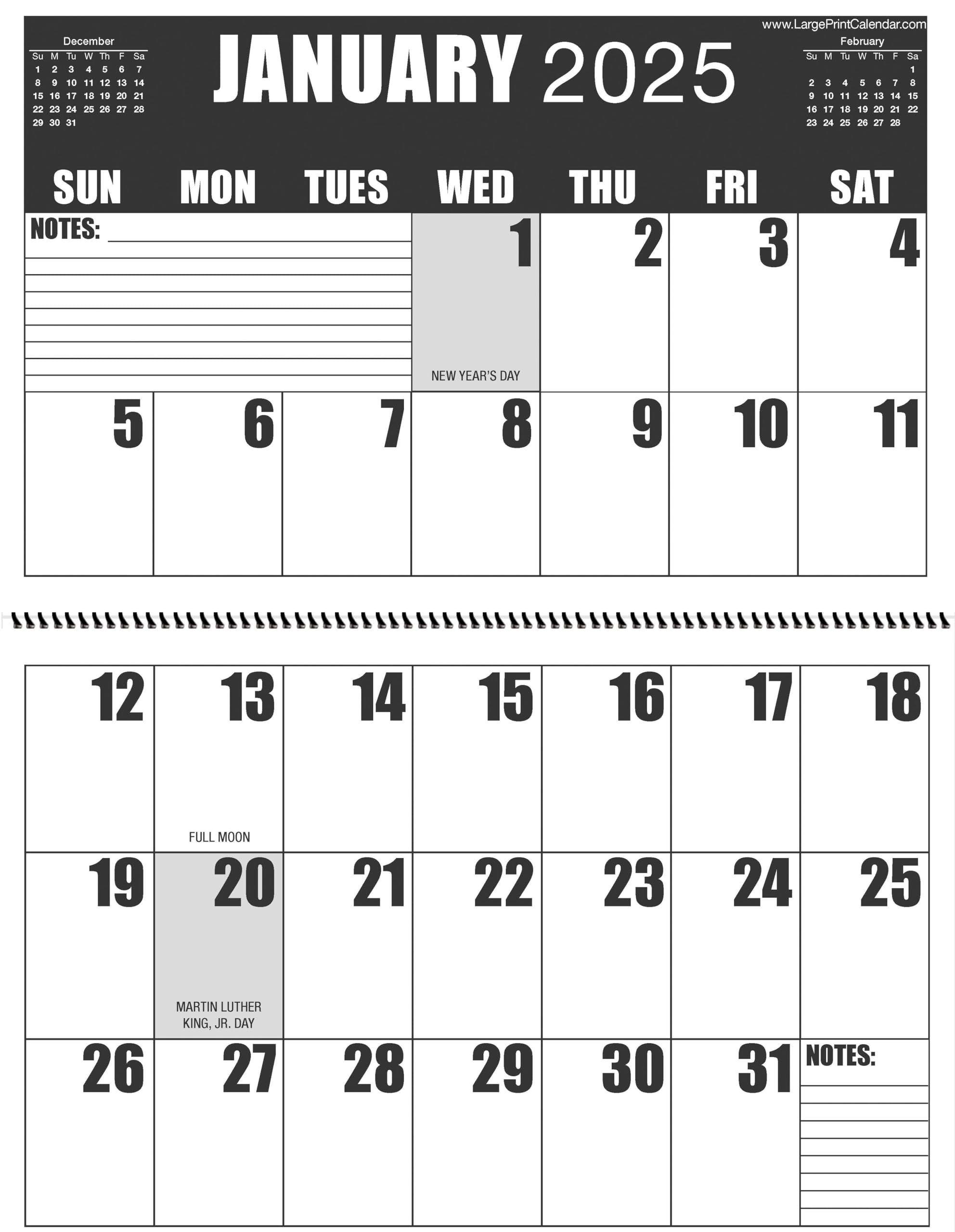 Jumbo Large Print 2025 High Contrast Wall Calendar | Heavy Paper | 13-Months, January 2025 to January 2026 | 17" wide X 22" in length when open.