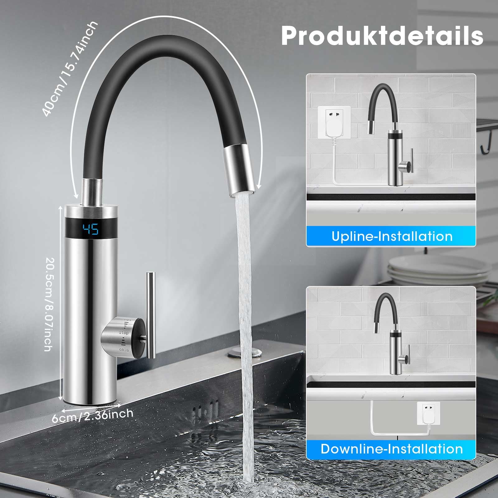 Elektrischer Wasserhahn Mit Durchlauferhitzer Für Küche – 3000W, LCD-Temperaturanzeige & 360° Drehbar