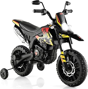 OLAKIDS Kids Motorcycle, Licensed Aprilia RX125 12V Ride on Electric Dirt Bike Motorbike with Training Wheels, Spring Suspension, Bluetooth, USB, Lights