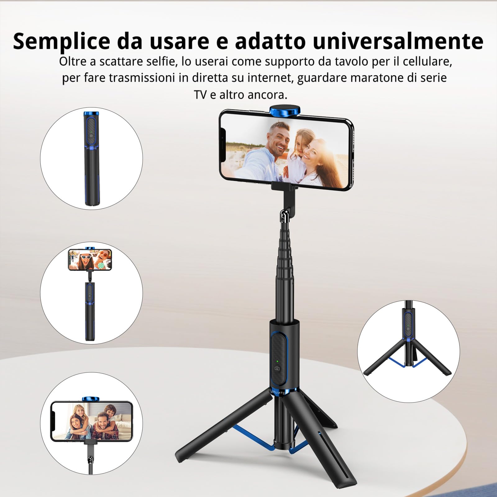 ATUMTEK 51'' Asta Selfie Treppiede Selfie Stick con Alluminio Resistente e Piedi Antiscivolo Treppiede Smartphone TikTok per iPhone e Android, Registrazione Video, Blogage, Live Streaming