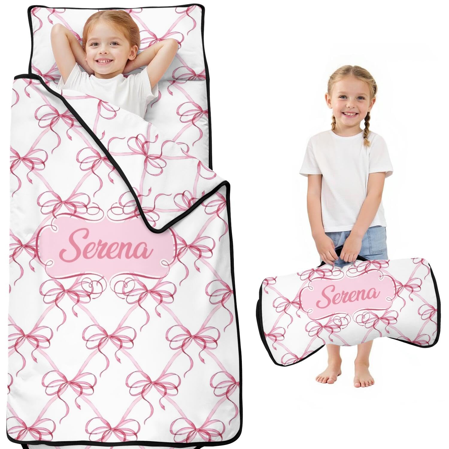 Personalized Toddler Nap Mat with Name – Custom Pink Bow Sleeping Bag with Pillowcase & Blanket for Girls – Ideal Slumber Bags for Daycare, Preschool & Kindergarten