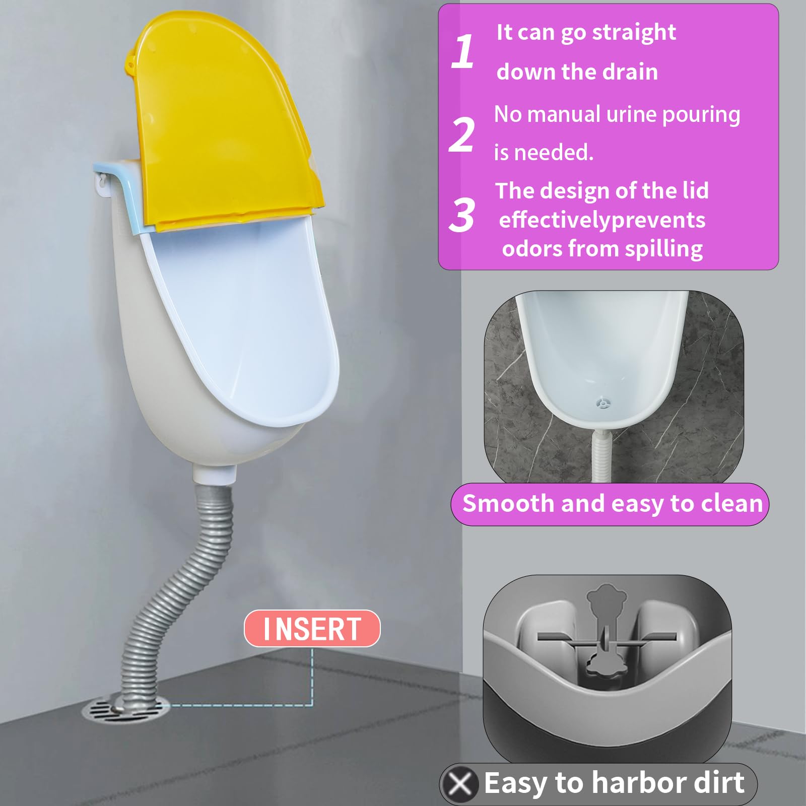 Orinal para niños pequeños montado en la pared con tapa, orinal para el baño, orinal de entrenamiento para niños, orinal sin agua para hombres, orinales de plástico, desviador de orina de orina de