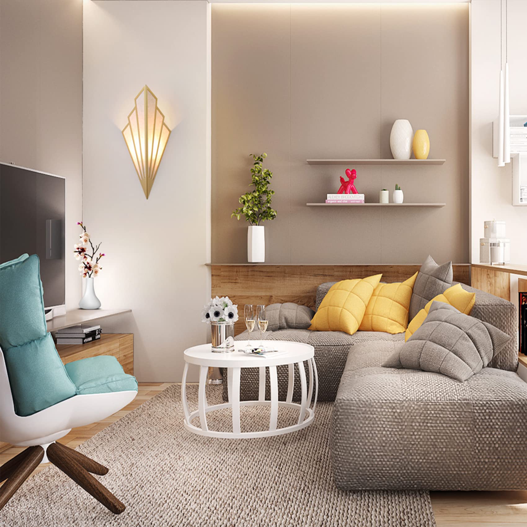 Lampara de Pared Interior Forma Abanico, Aplique Pared Dorado con Portalámparas E14 para Salon, Dormitorio, Mesita de Noche, Pasillo, Escaleras