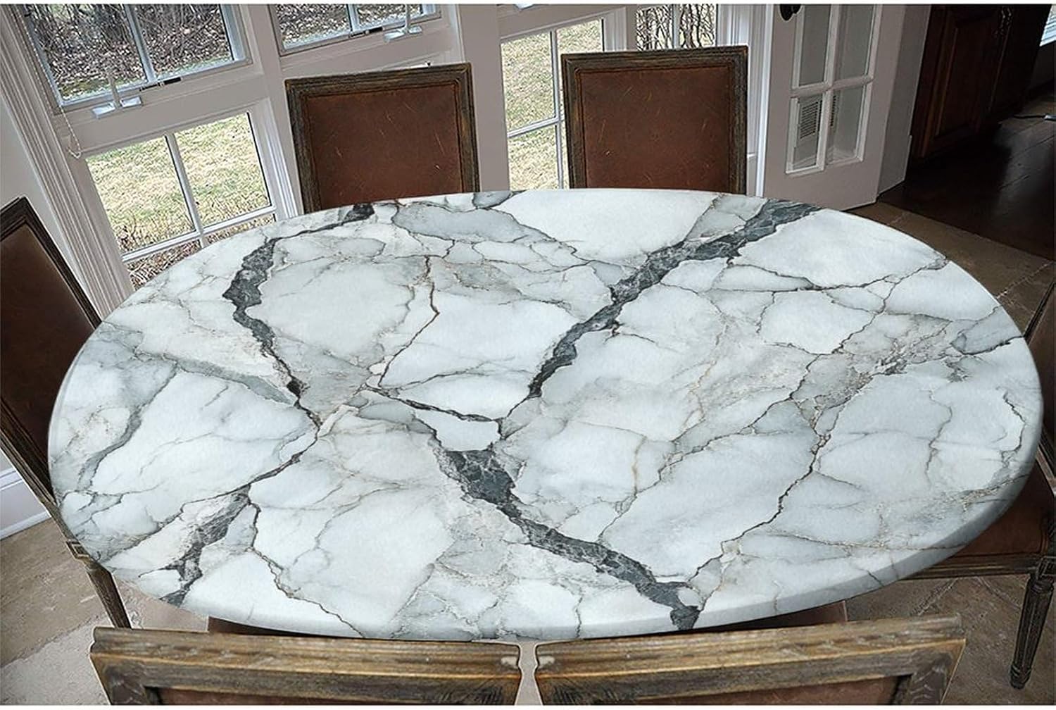 Washable Tablecloth, Marble Pattern Printed on Table Cover Protector, Stretchable Hem for Weddings Parties Restaurants & Home Decor, Fits for 52" x 70" Oval Table