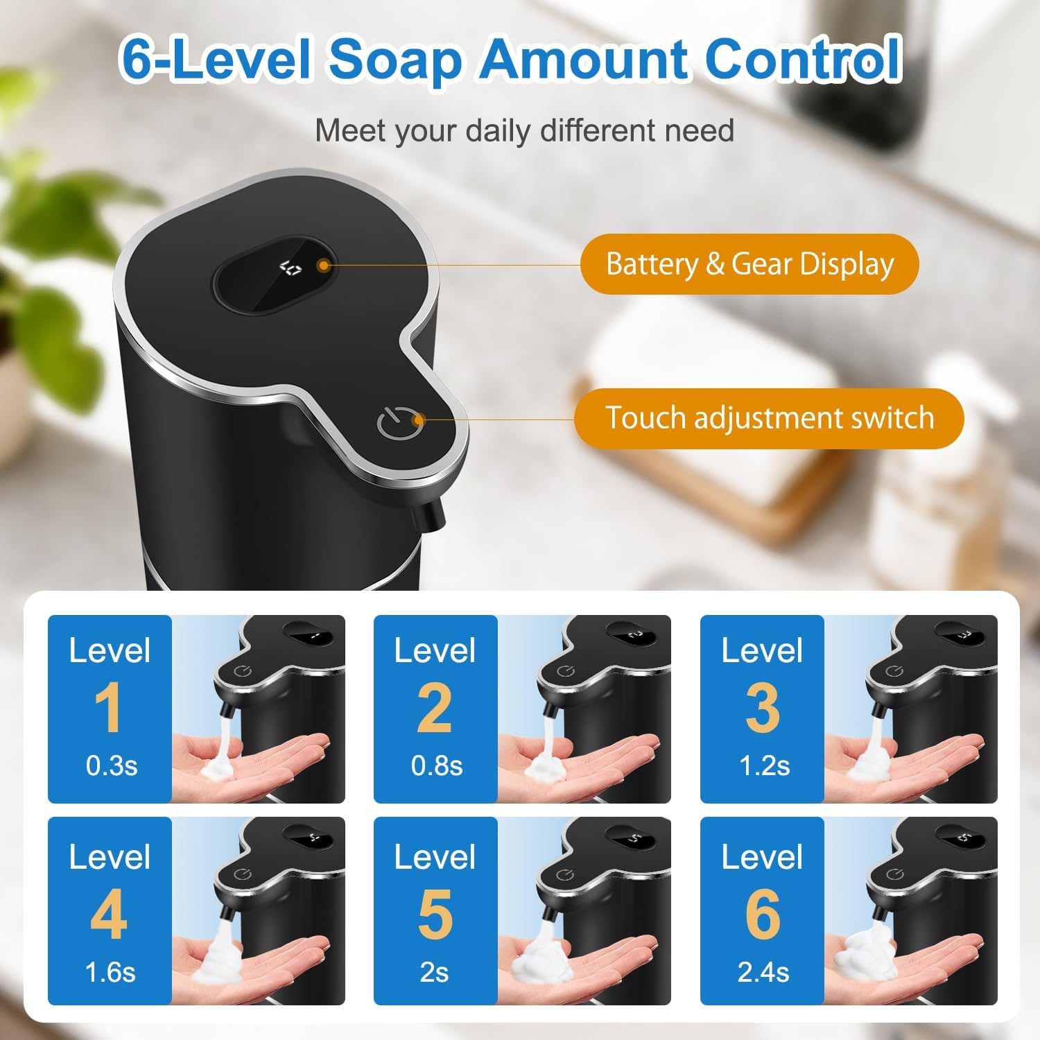 Automatic Foaming Soap Dispenser with Digital Display, 6-Level Foam Adjustable, Rechargeable, 12.8oz/ 380ml Wall Mounted Touchless Hands Free Auto Dispenser for Kitchen, Bathroom, Hotel, Restaurant