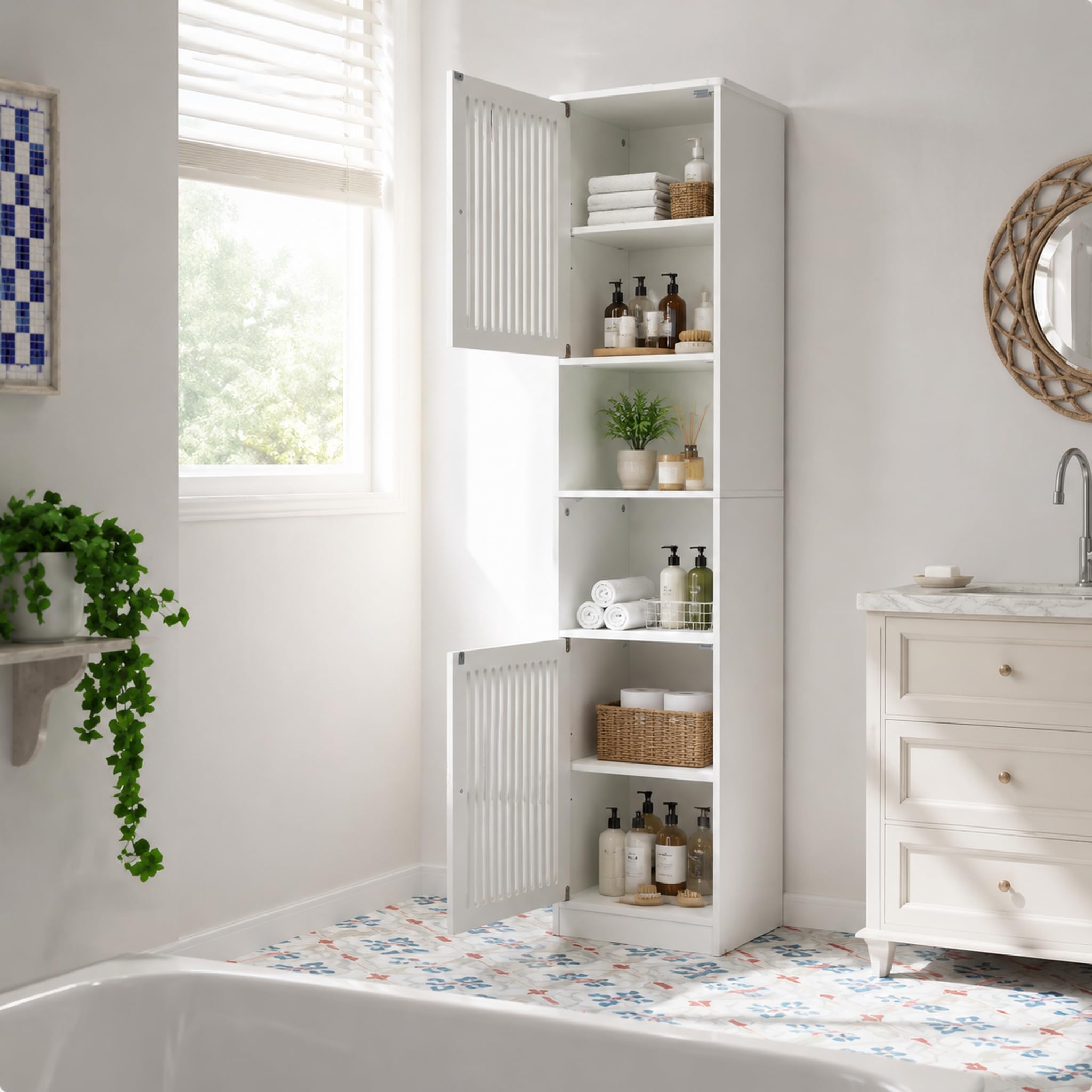 TIZZ Armadietto da bagno alto 163 cm, bianco, modello autoportante con ripiani regolabili, dietro un'anta a lamelle, armadio stretto e alto con più scomparti