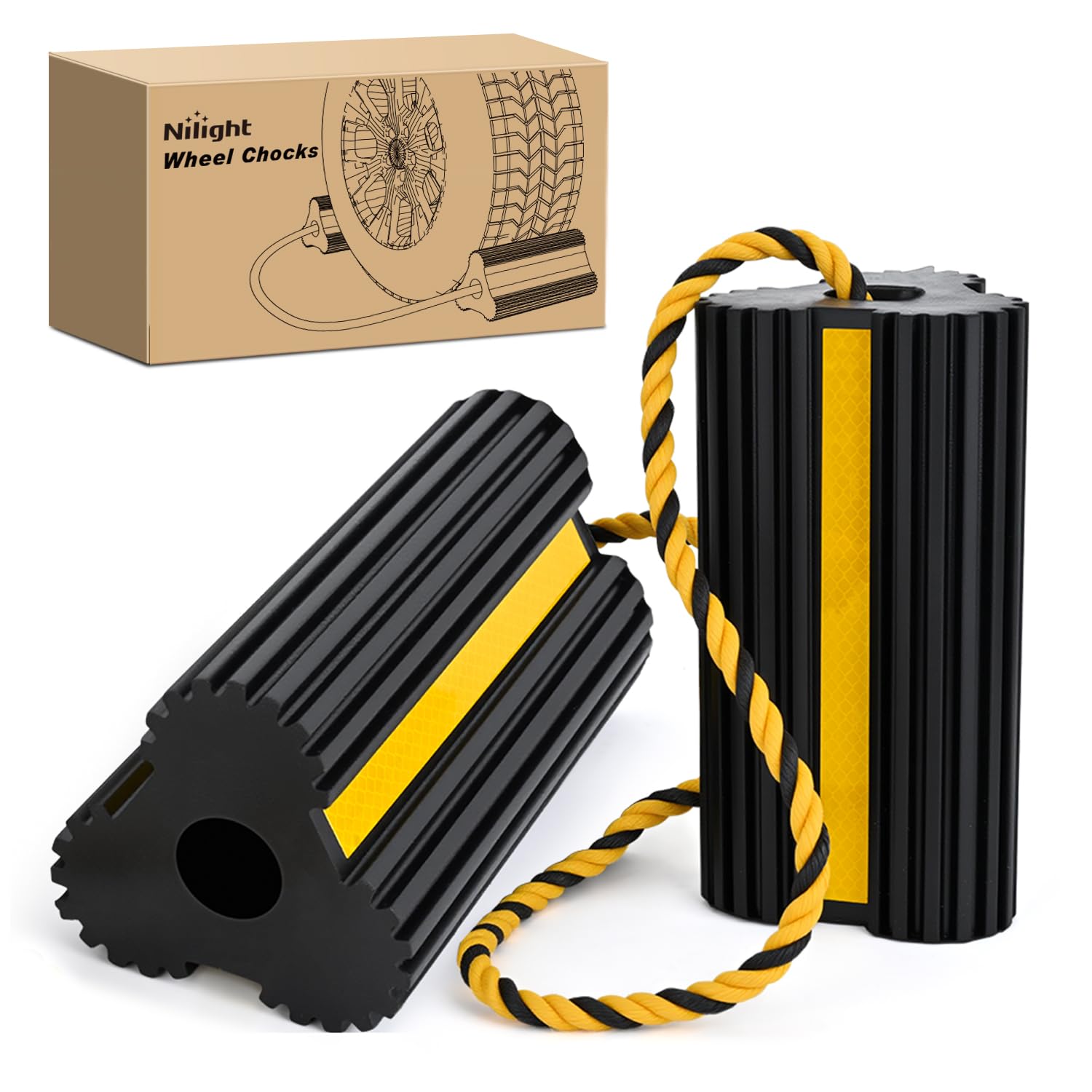 Nilight Wheel Chocks Rubber Yellow Reflective Strips