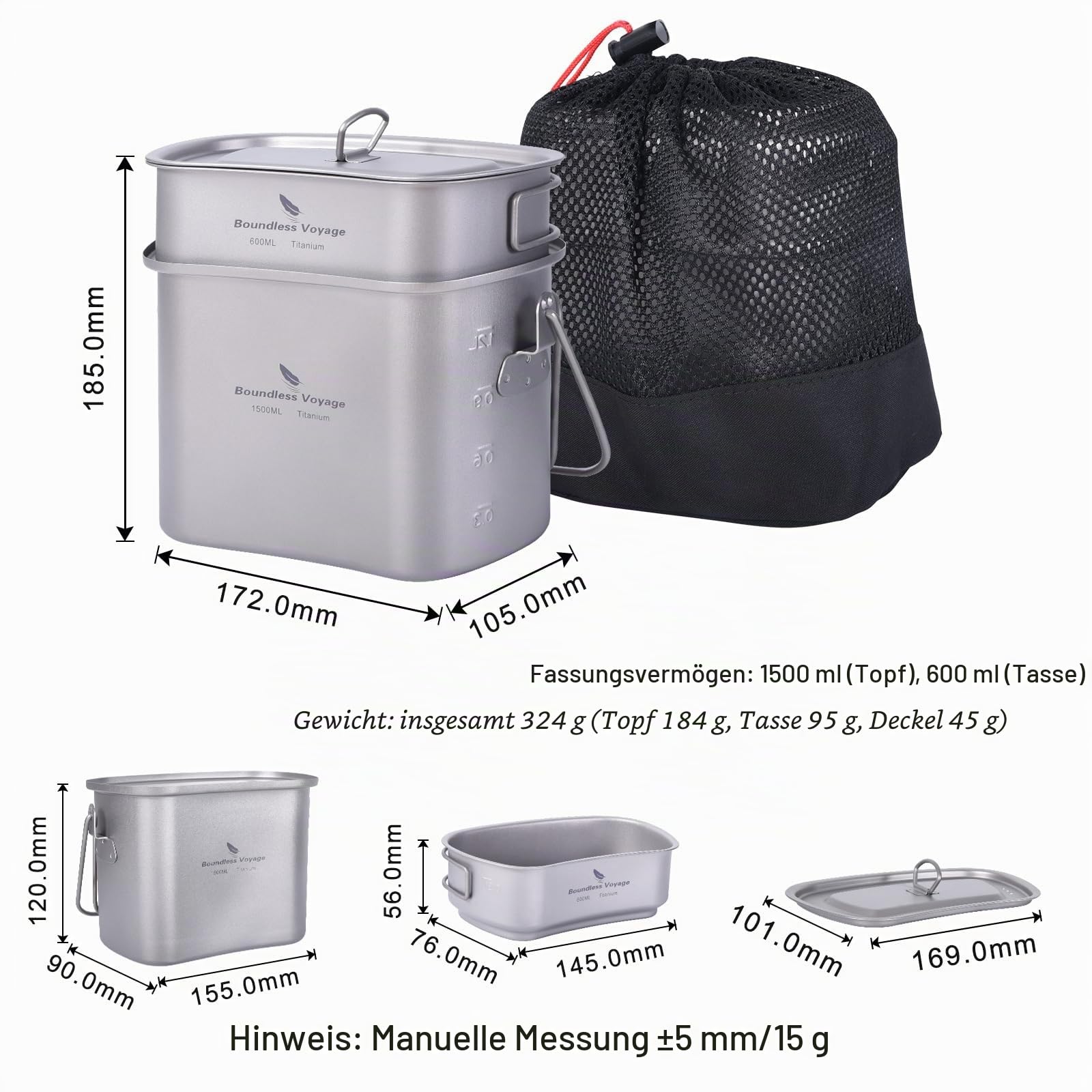 Boundless Voyage Titan-Kantinenbecher-Mess-Set Nierenförmiges Camping-Titan-Kochset zum Aufhängen mit Deckel und Griffen Ti2059C