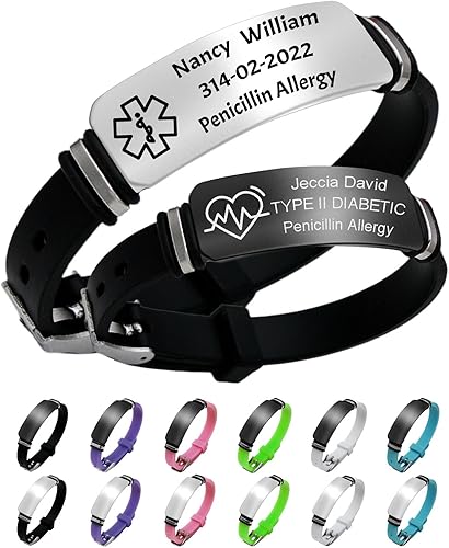 Pulseras de alerta médica personalizadas para mujeres y hombres, grabado gratuito, pulsera de identificación médica personalizada de silicona