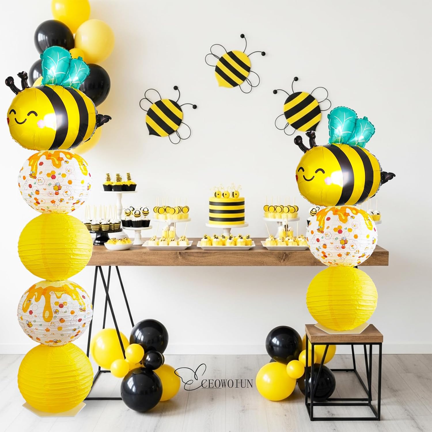Bee Balloon Column Stand Kit And Paper Lantern 2 Sets 5.5 Feet with Reusable Metal Telescopic Design for Bee Parties, Birthday Decorations