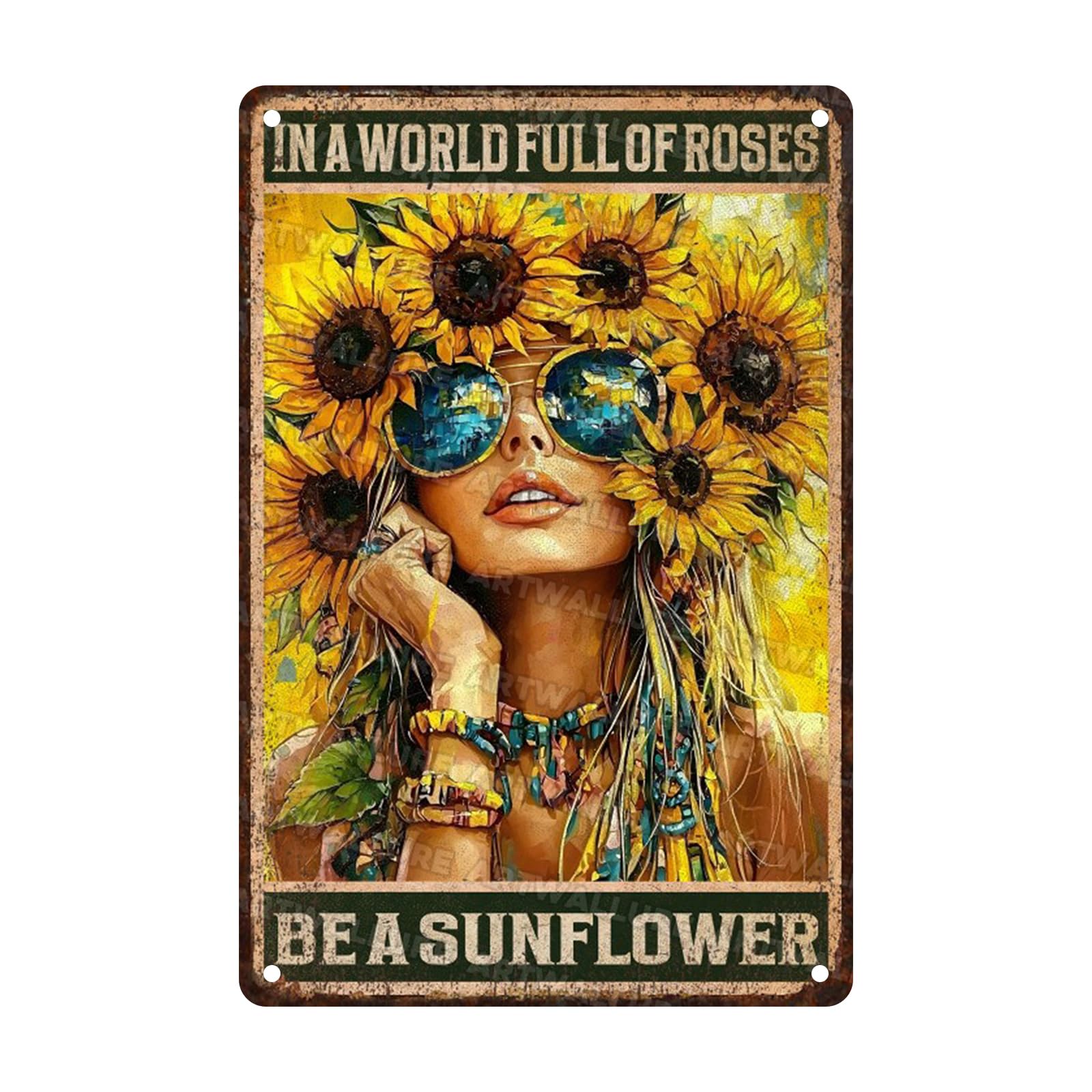 Sunflower Vintage Sign In A World Full Of Roses Be A Sunflower Metal Sign for Women Home Office Living Room Bedroom Garden Yards Wall Decoration 8x12inch