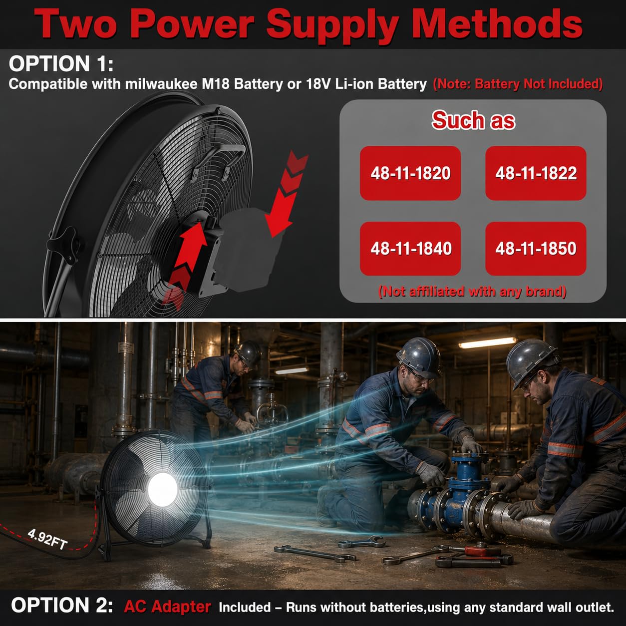 Ventilador de suelo con batería de 16 pulgadas con luz compatible con batería Milwaukee M18 de 18 V, ventilador portátil con adaptador de CA y salida USB, ventilador inalámbrico de alta velocidad de