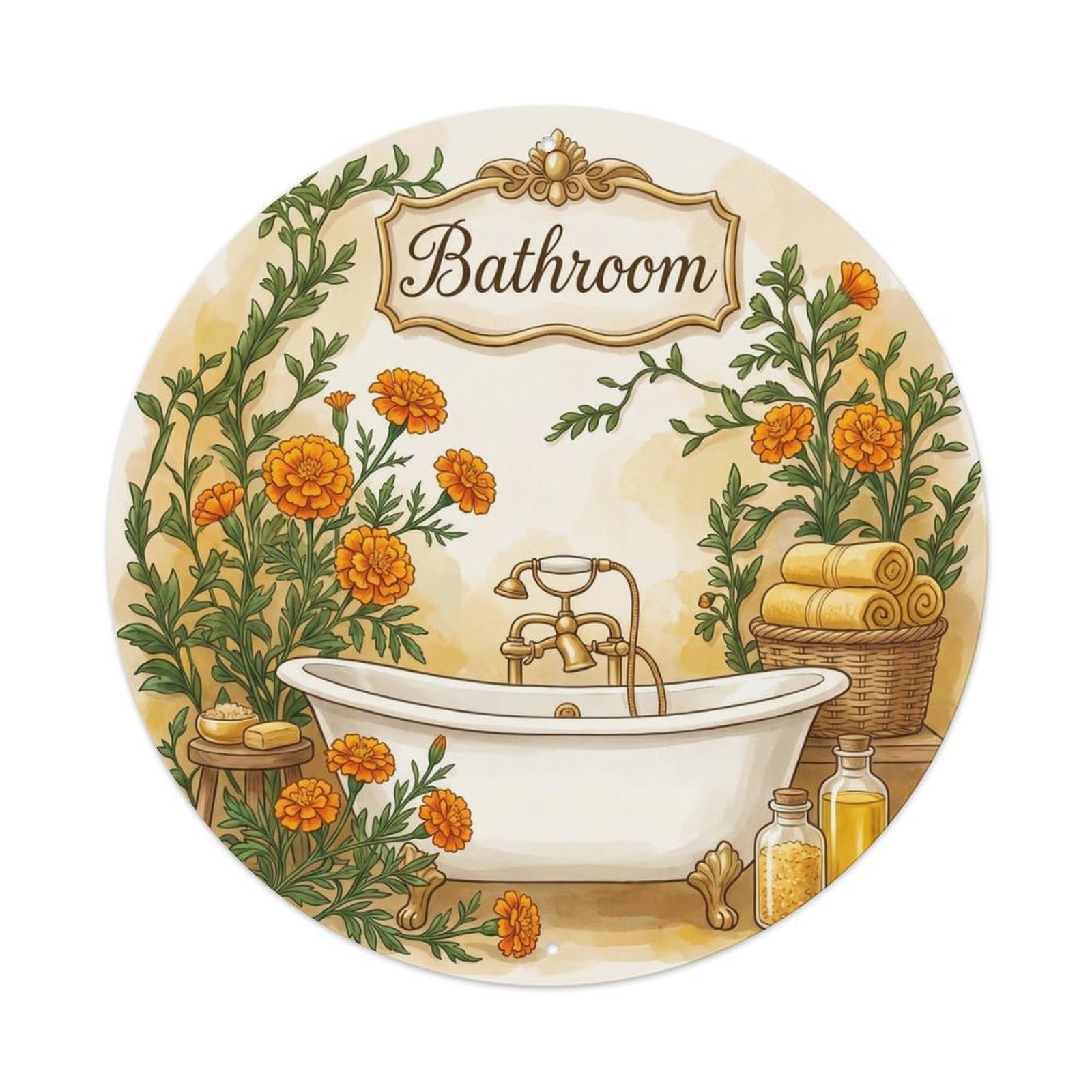 Bathroom Marigold Bathtub Round Metal Tin Sign