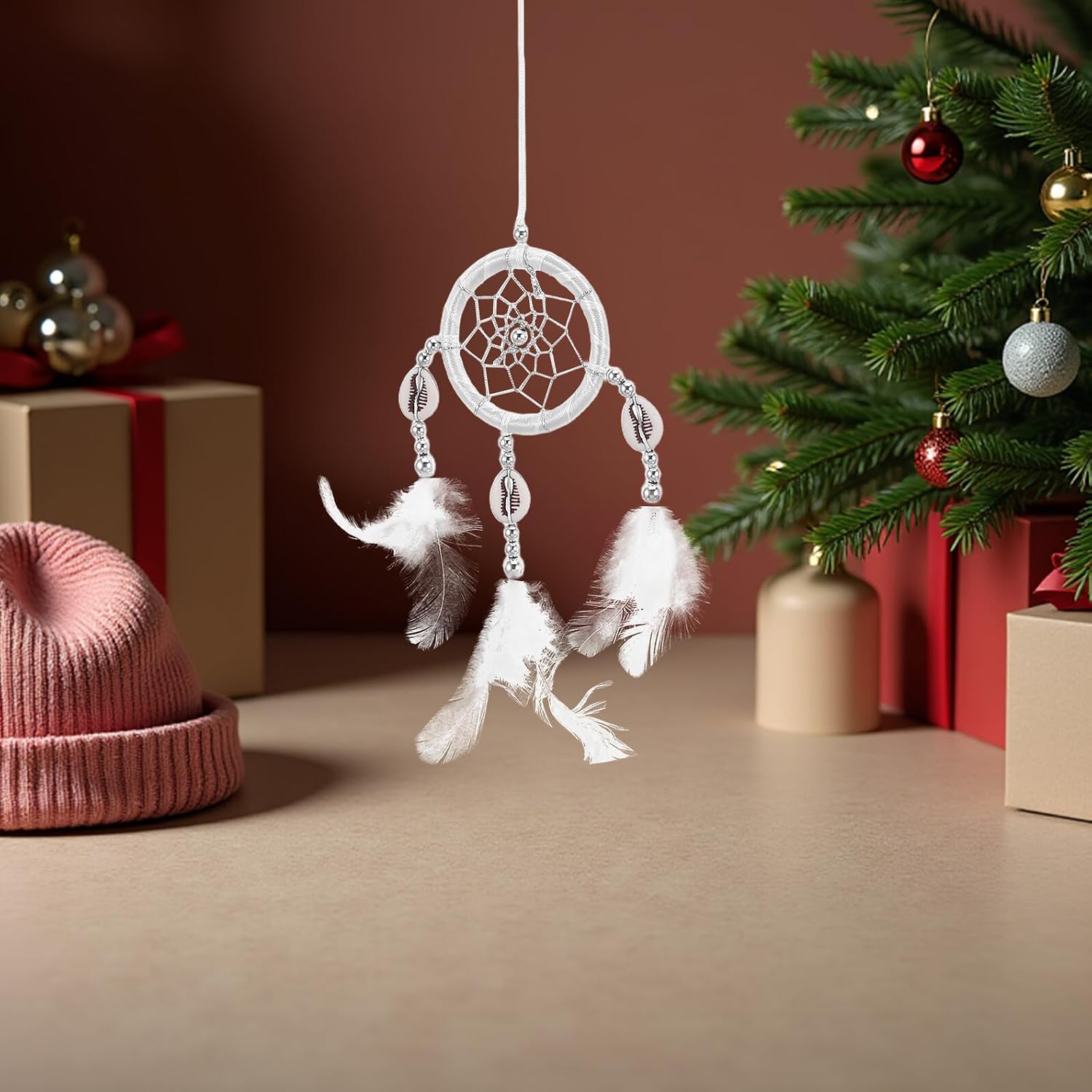 Boho Car Dream Catcher Rearview Mirror Pendant with Feather Decoration Hanging Ornament for Vehicle Interior and Holiday